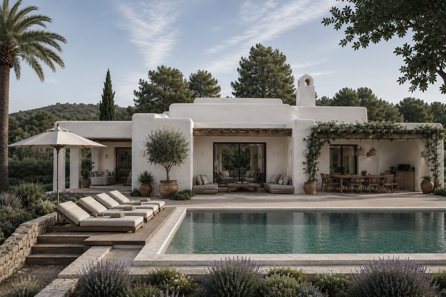 Modern Ibiza property with minimalist design, full windows, and sunset-inspired earthstone backdrop.