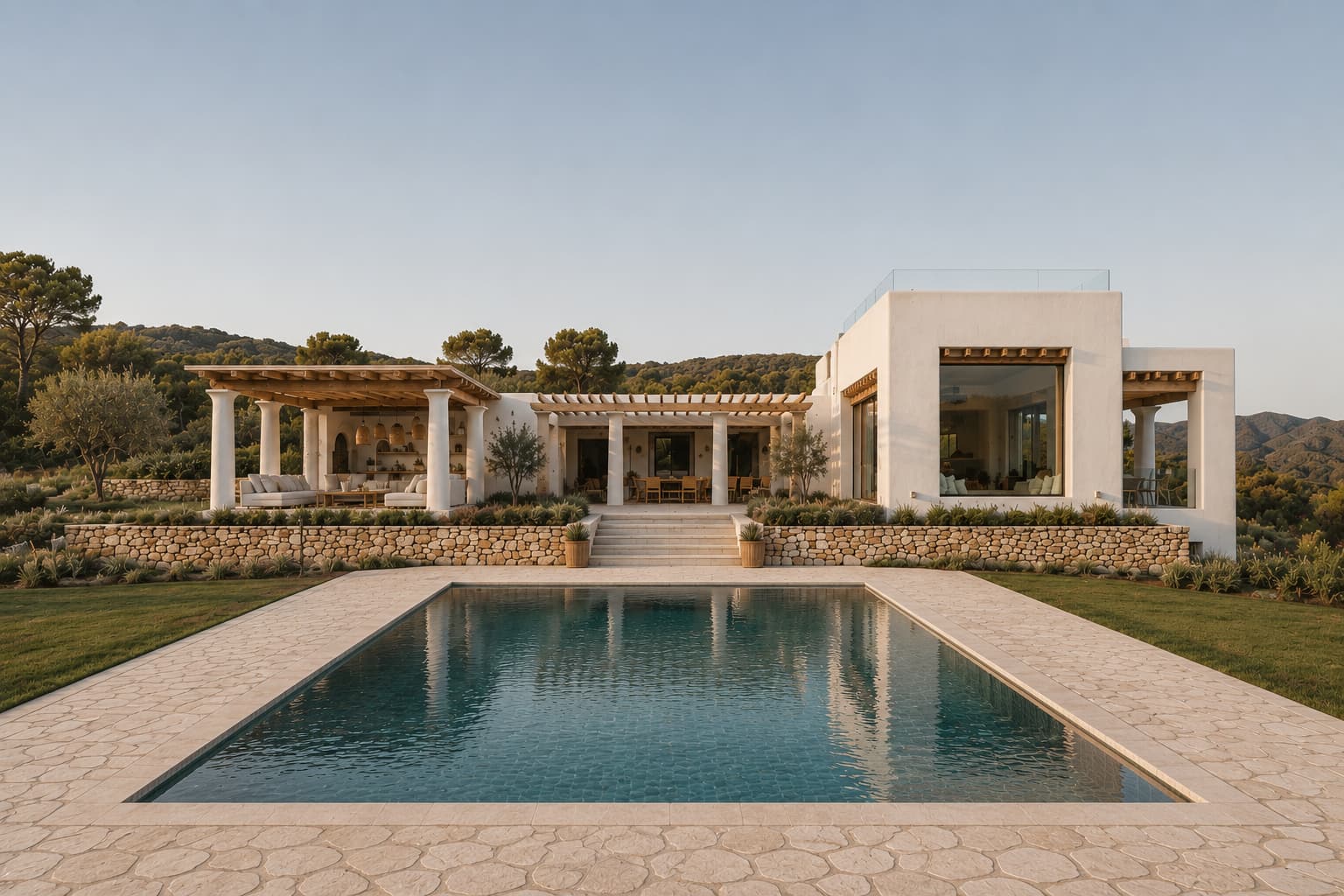 Luxurious poolside with cozy sun loungers and lush palm garden in Ibiza.