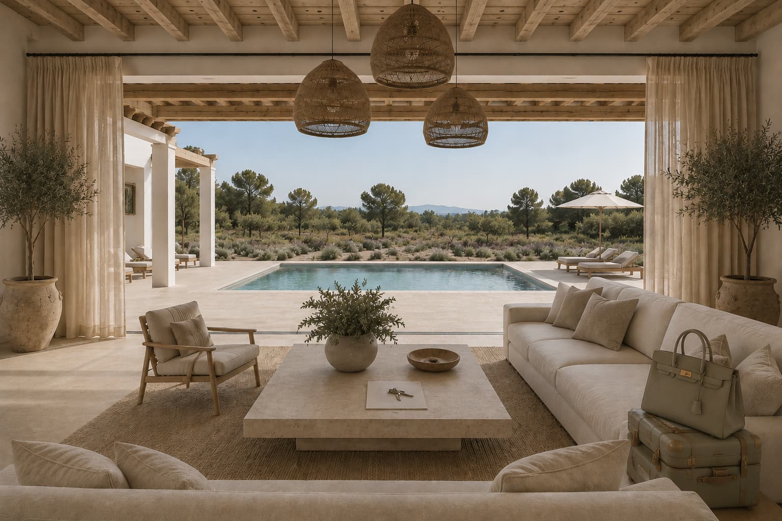 Schlafzimmer der Villa im mediterranen Stil mit modernem weißen Dekor und Fenster mit Meerblick.