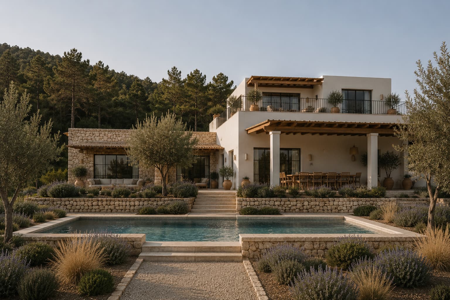Renovierte Finca in Ibizenco mit Außenpool, Glaseingang und weißen Naturfarben.