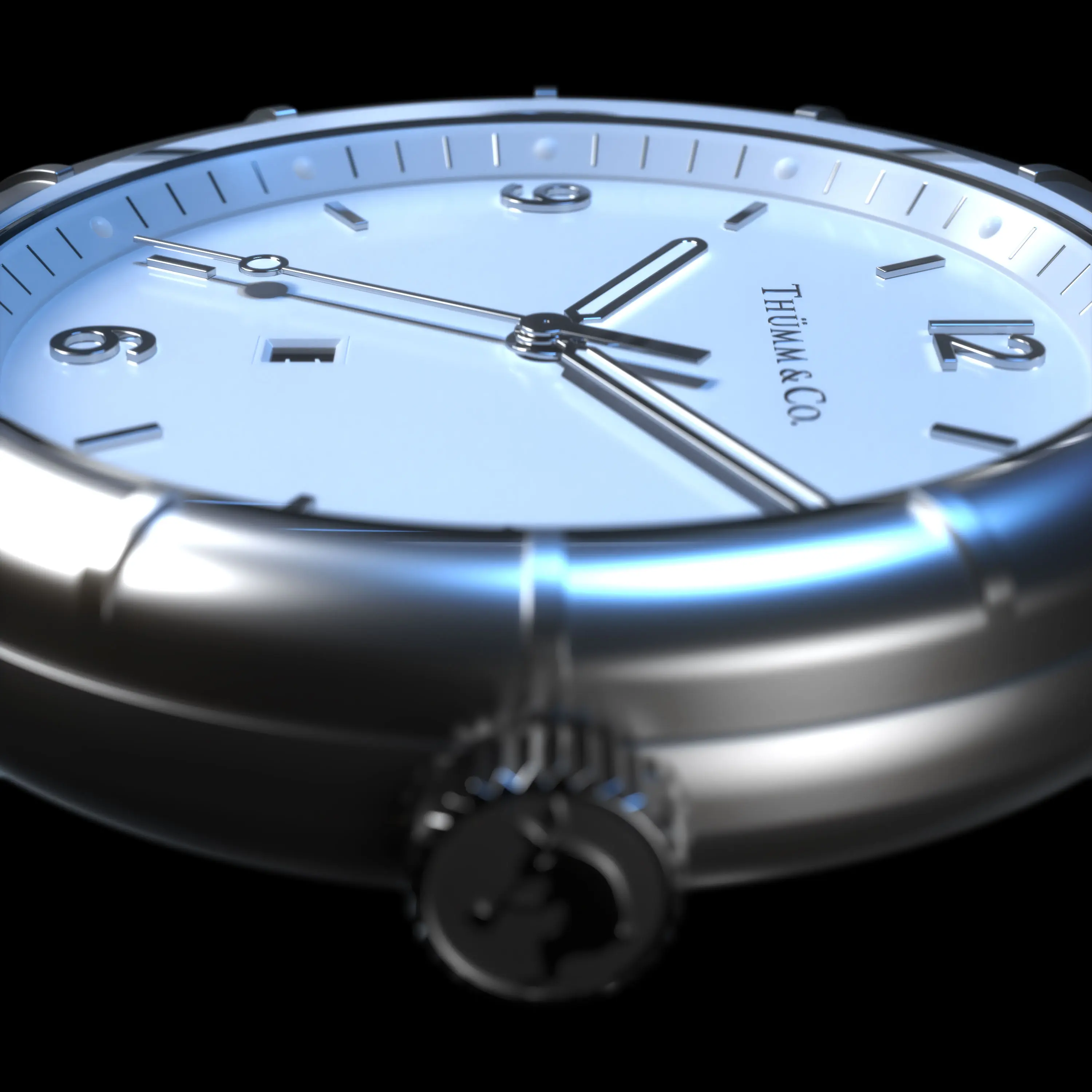 High-resolution 3D render of a stainless steel wristwatch with white dial, applied indices, and a polished case.