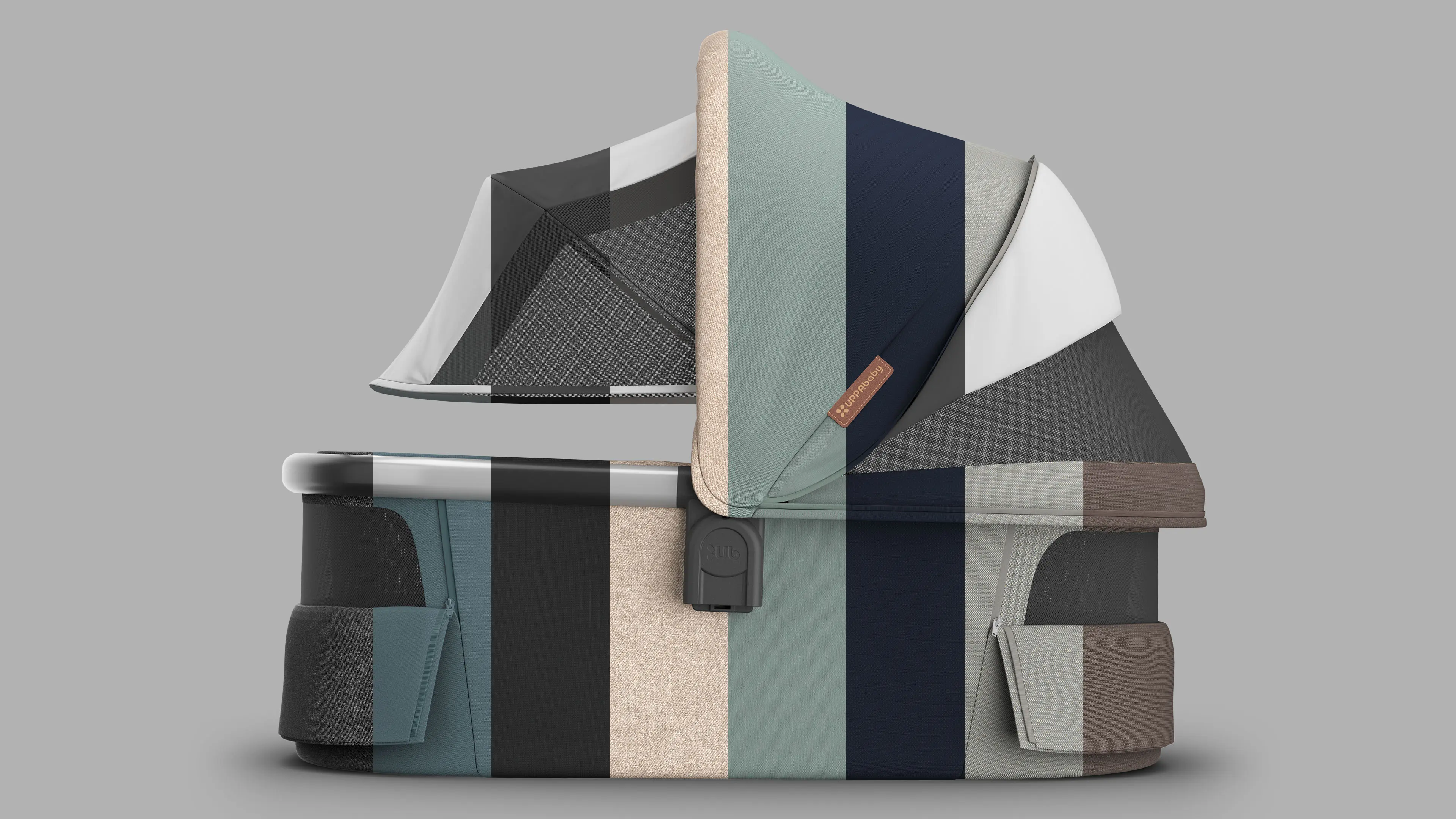 3D rendering of stroller bassinet showcasing fabric color and texture options in a segmented swatch-style layout