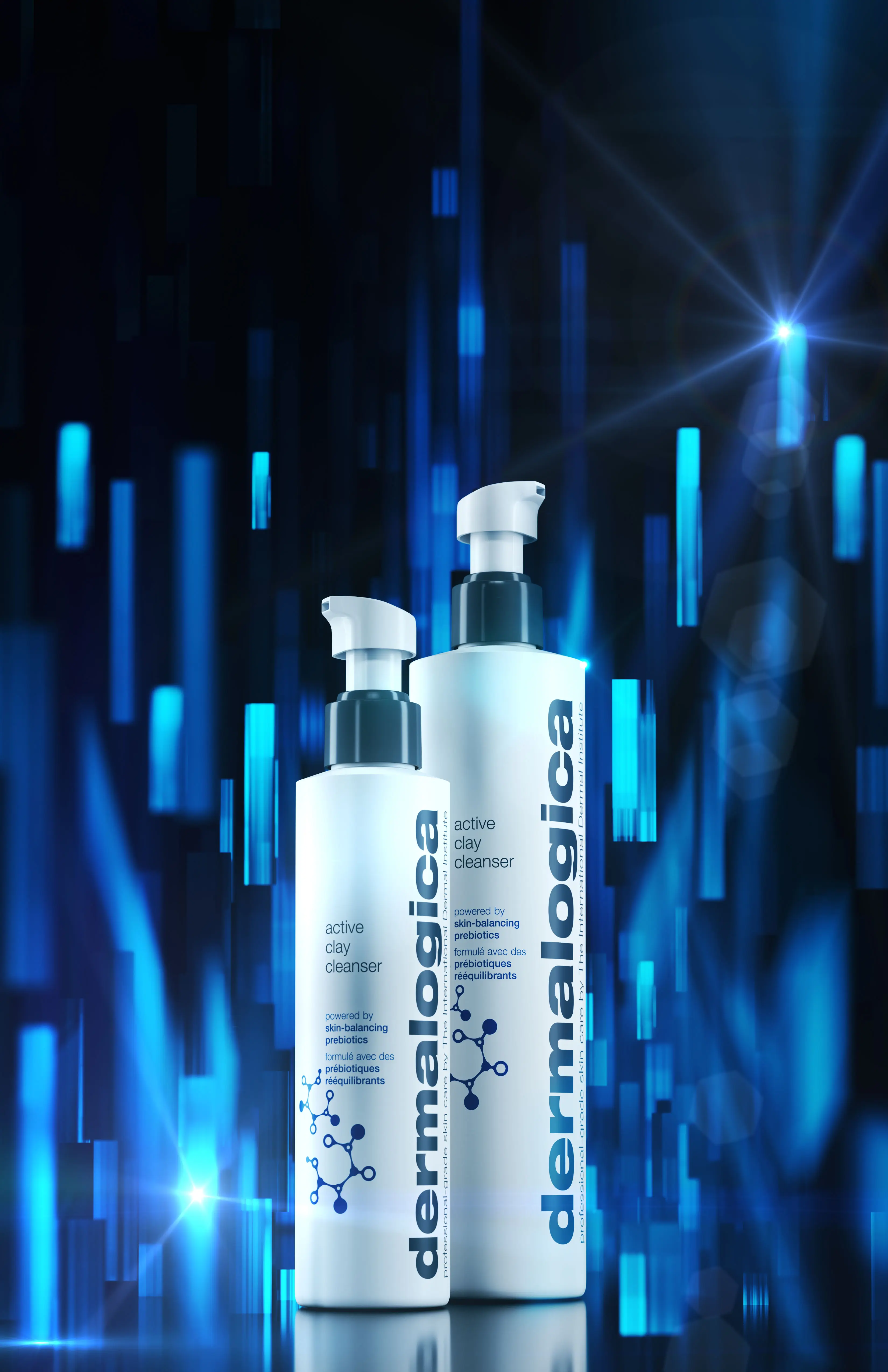 3D product rendering of Dermalogica Active Clay Cleanser bottles with a futuristic blue background and glowing light effects
