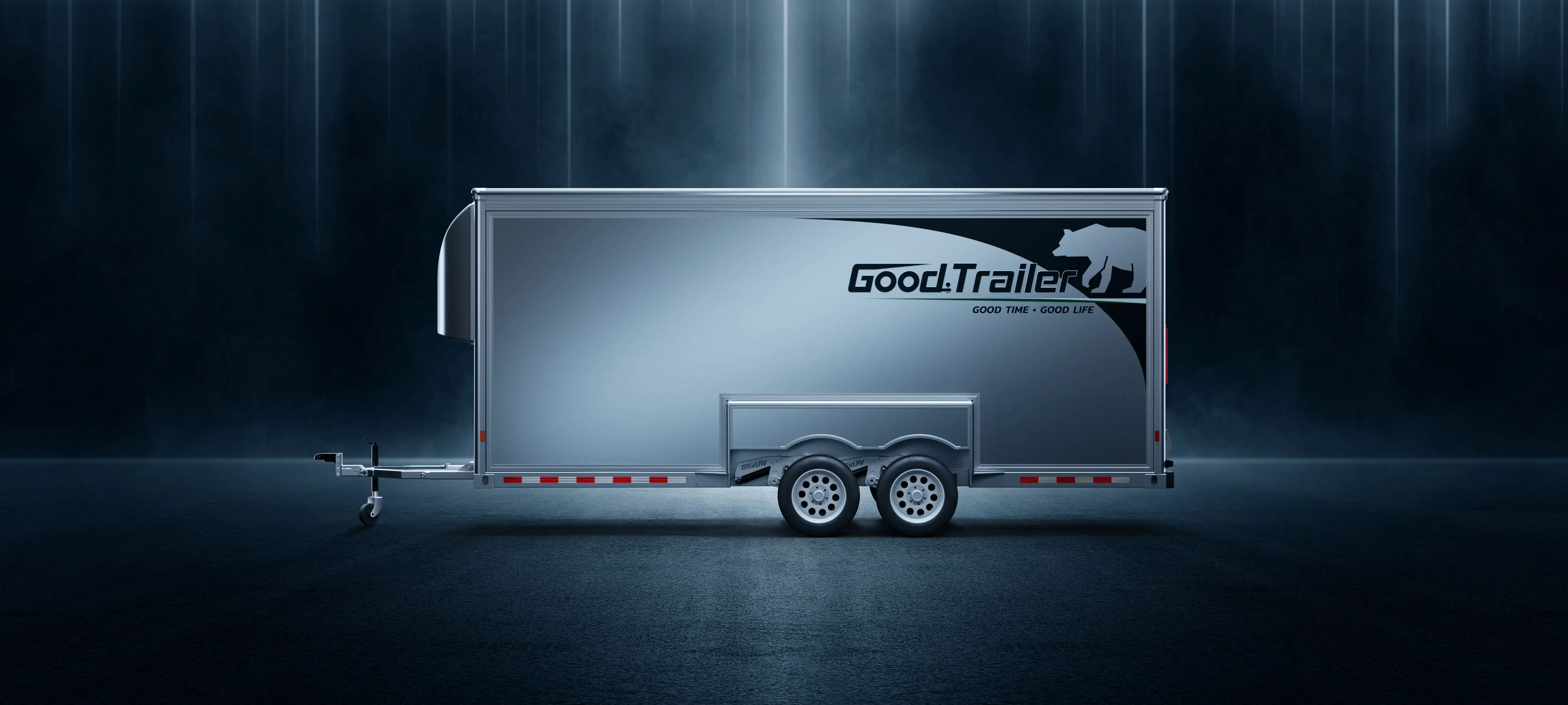 Photorealistic rendering of Good Trailer enclosed utility trailer in dramatic studio lighting environment