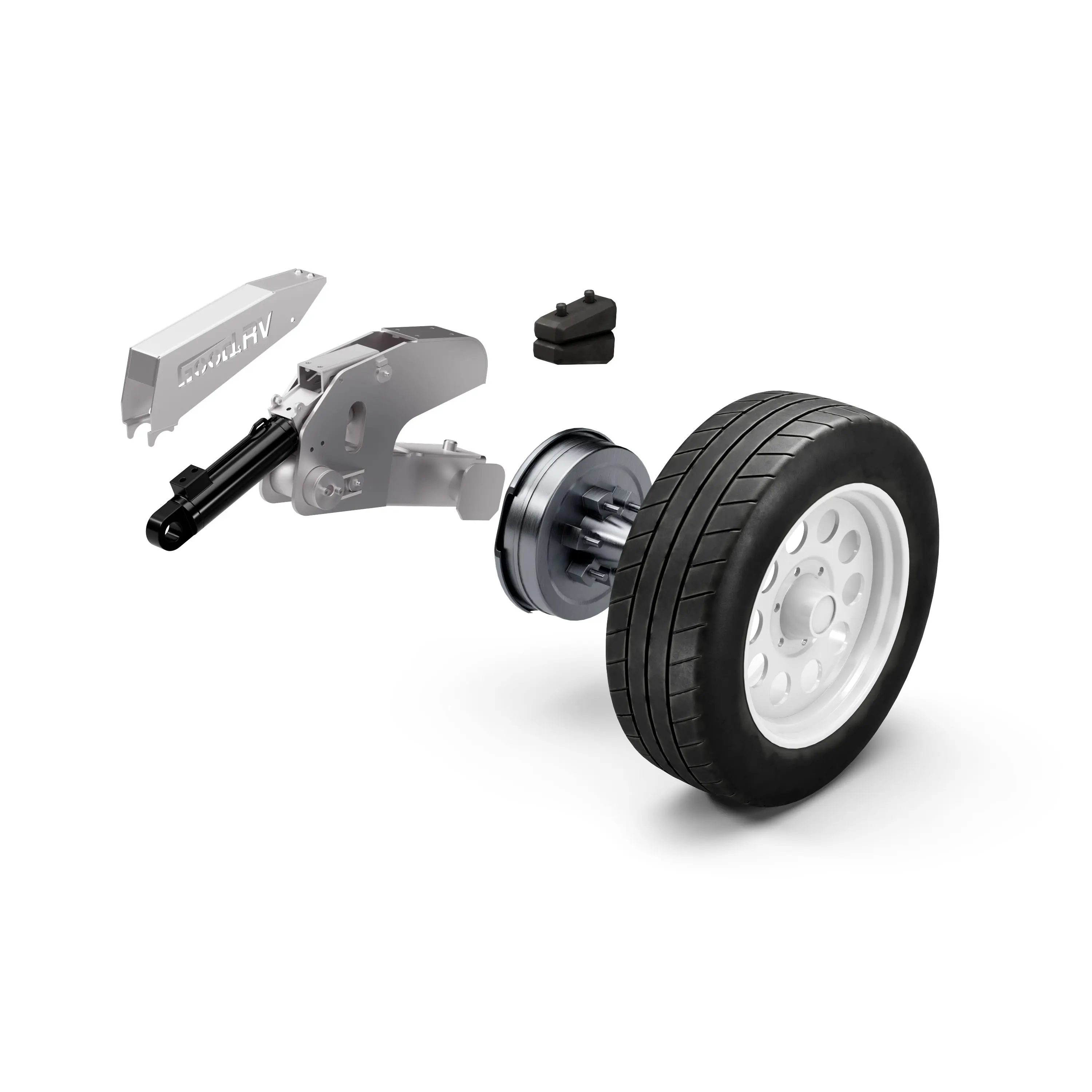 Exploded 3D rendering of trailer suspension and wheel assembly with visible hub, shock absorber, and control arm components