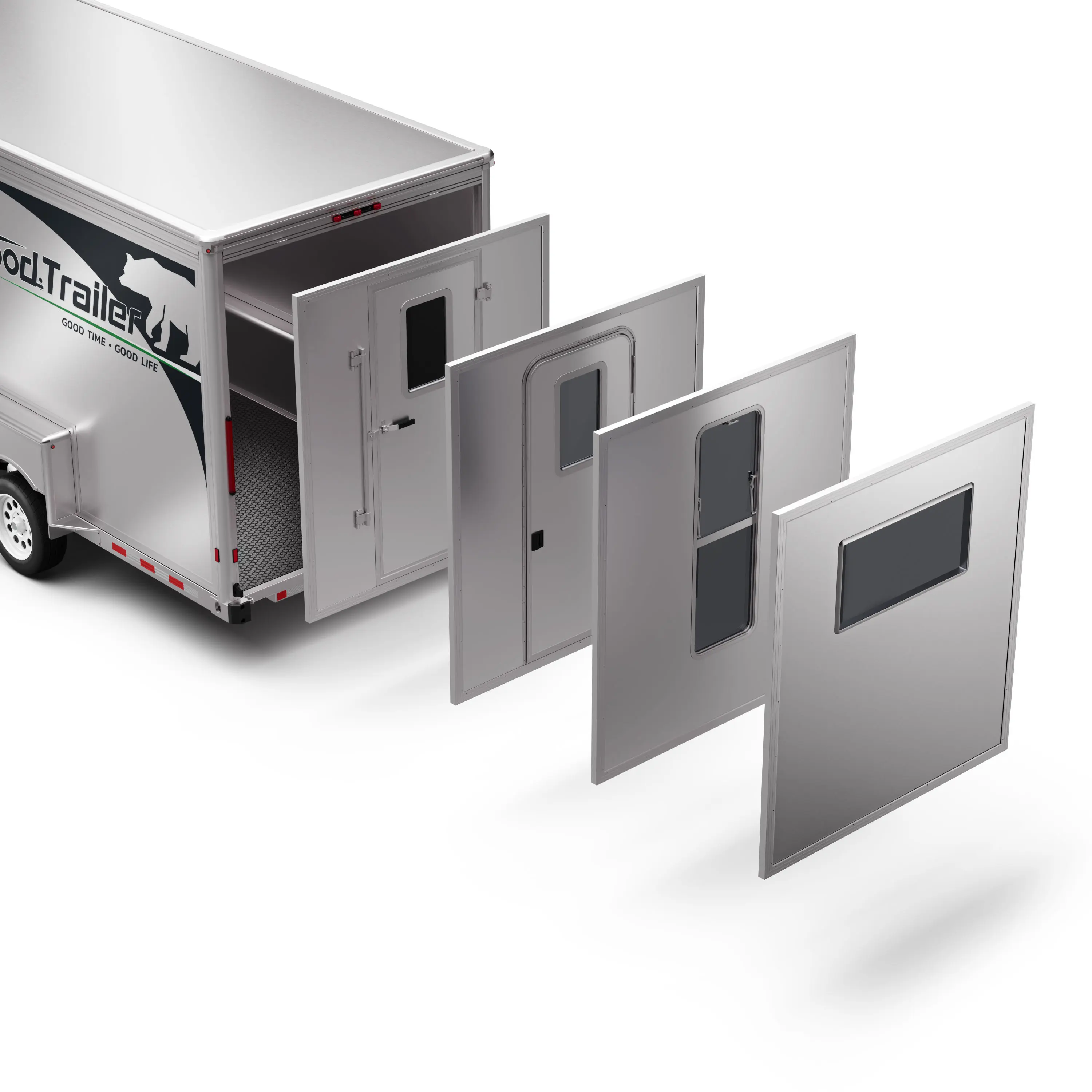 3D rendering of a trailer with modular door panel options displayed in exploded view