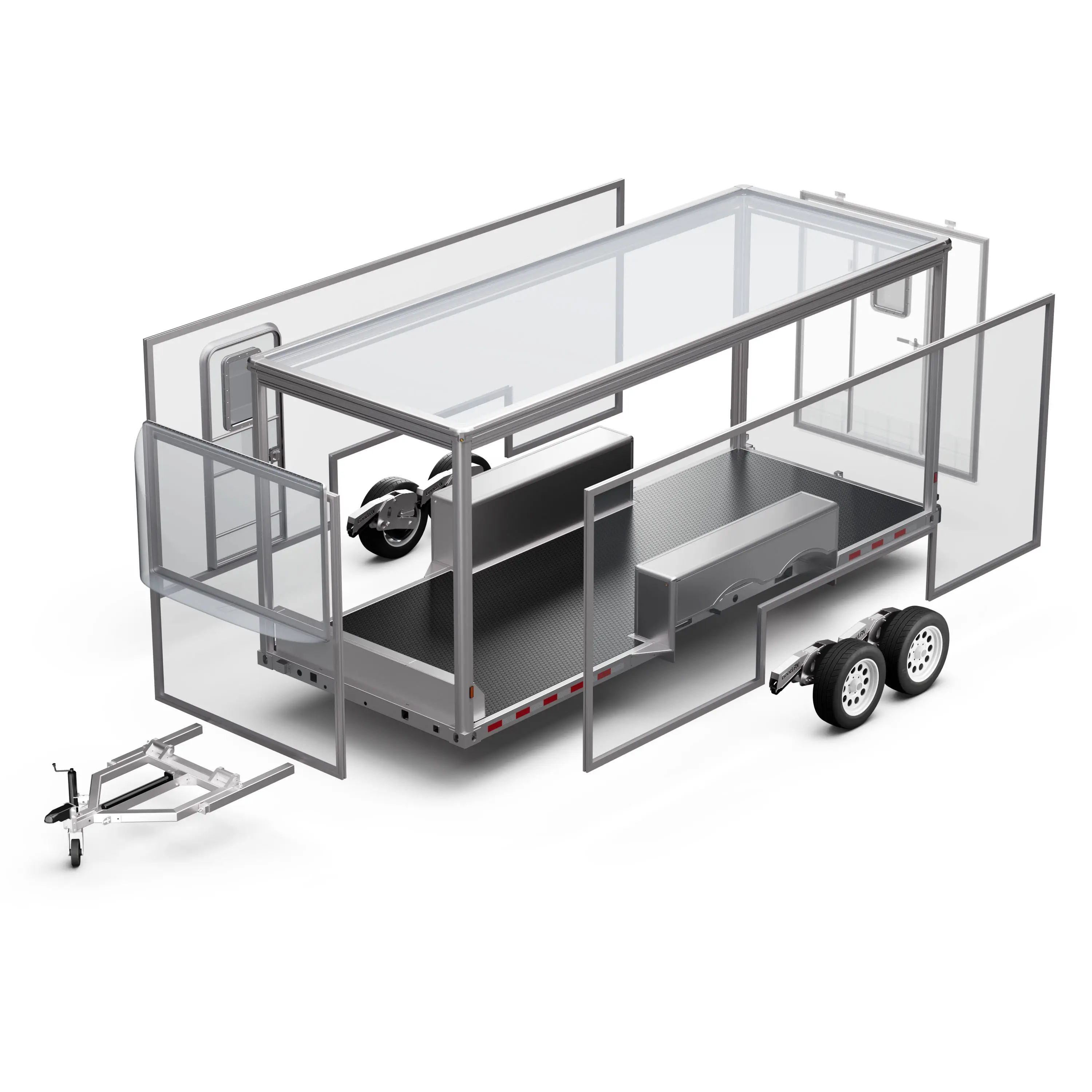 Exploded 3D rendering of enclosed utility trailer showing internal structure, components, and detachable parts