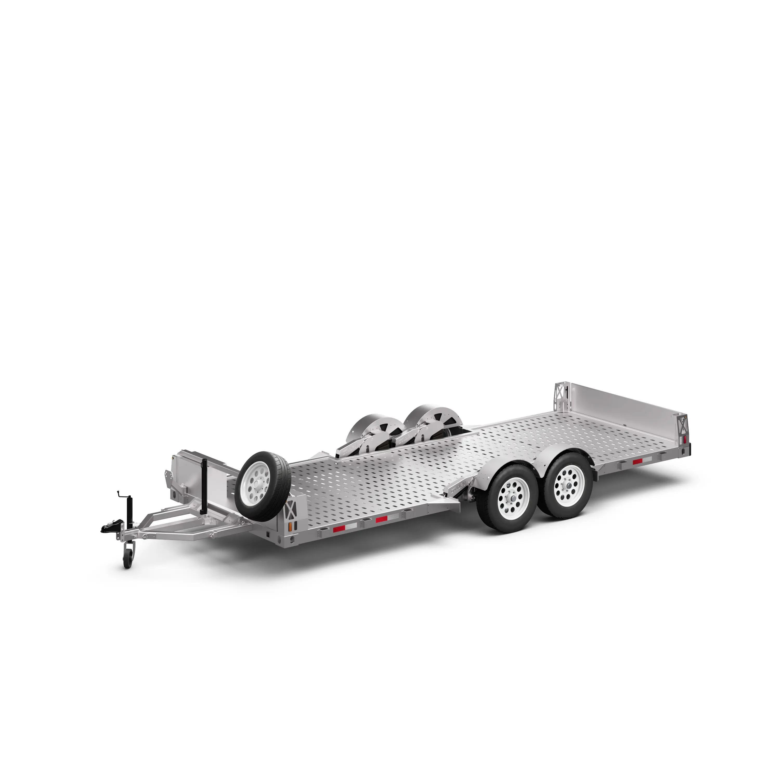 3D product rendering of a 19ft dual-axle aluminum flatbed trailer with spare tire mount