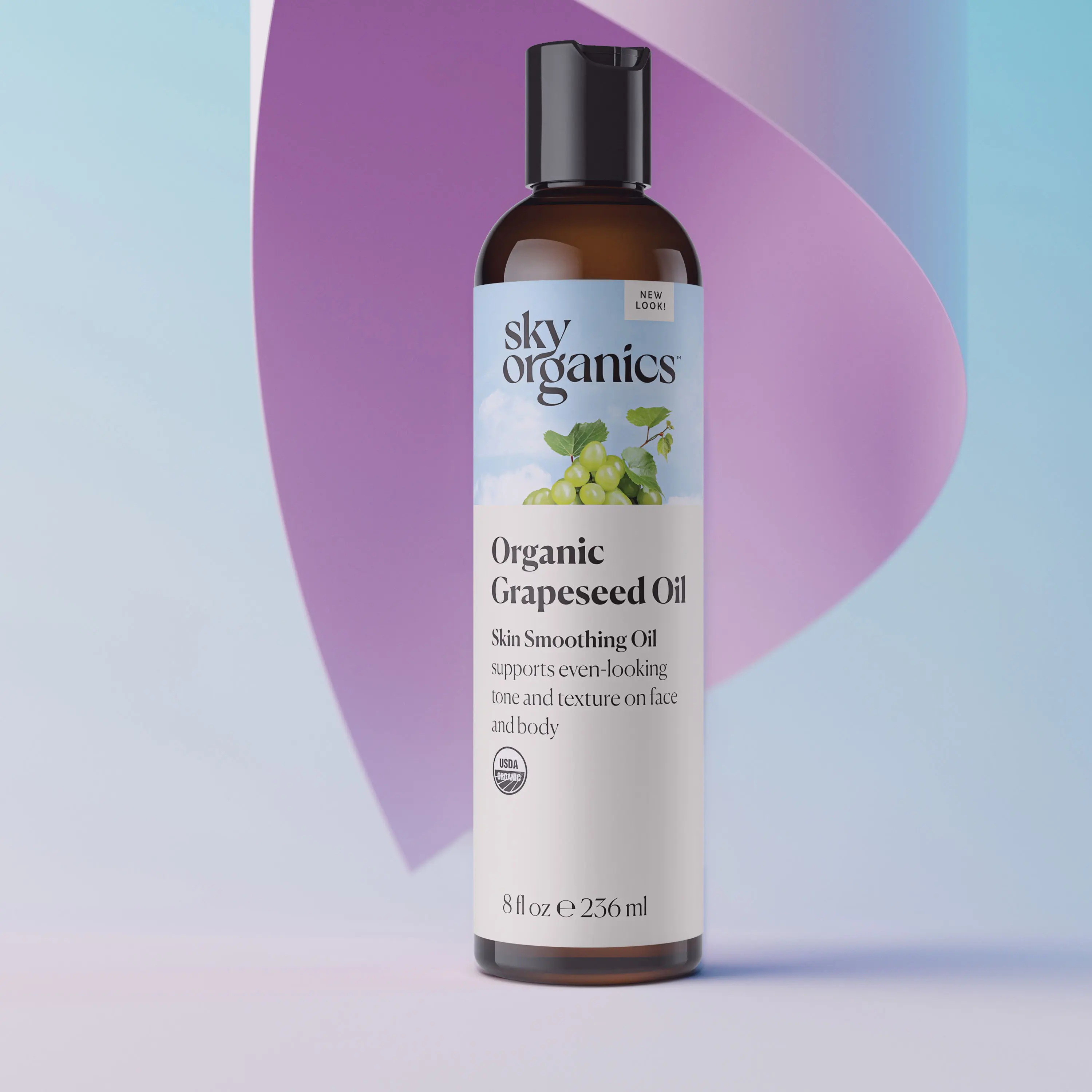 3D product rendering of Sky Organics Grapeseed Oil with abstract pastel background for skincare branding