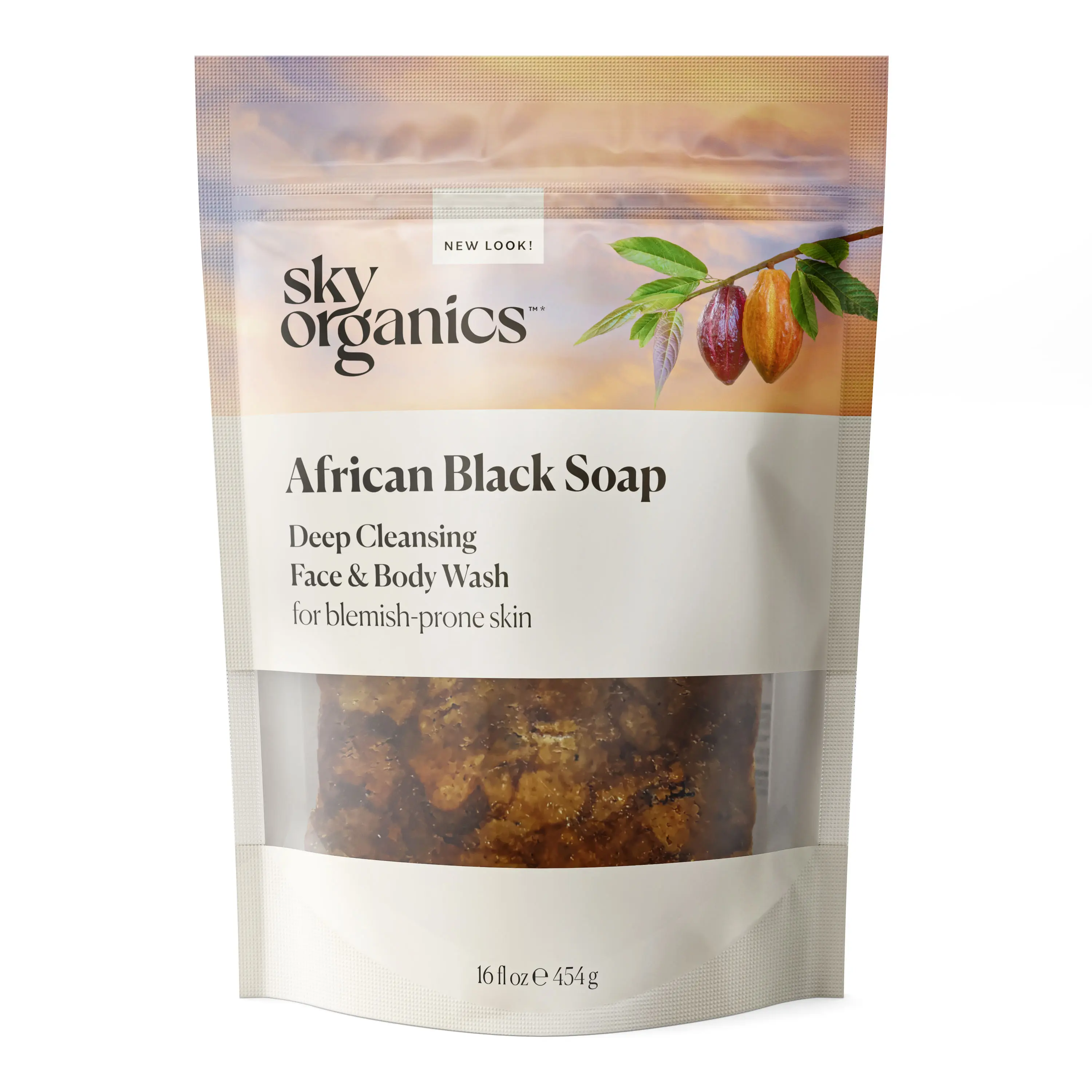 3D product rendering of Sky Organics African Black Soap pouch for deep cleansing face and body wash