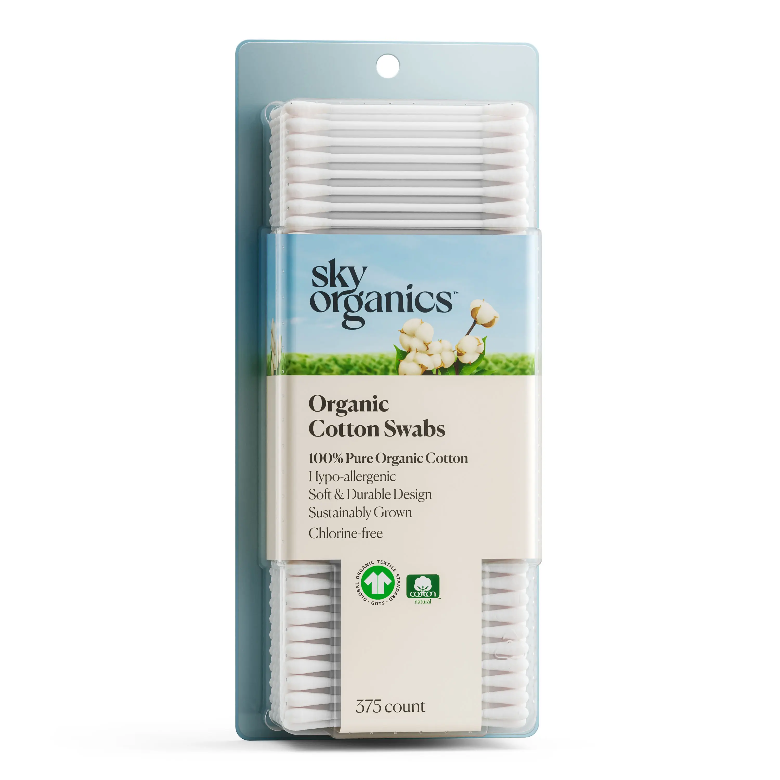 3D product rendering of Sky Organics Organic Cotton Swabs in retail packaging with clean and minimal design