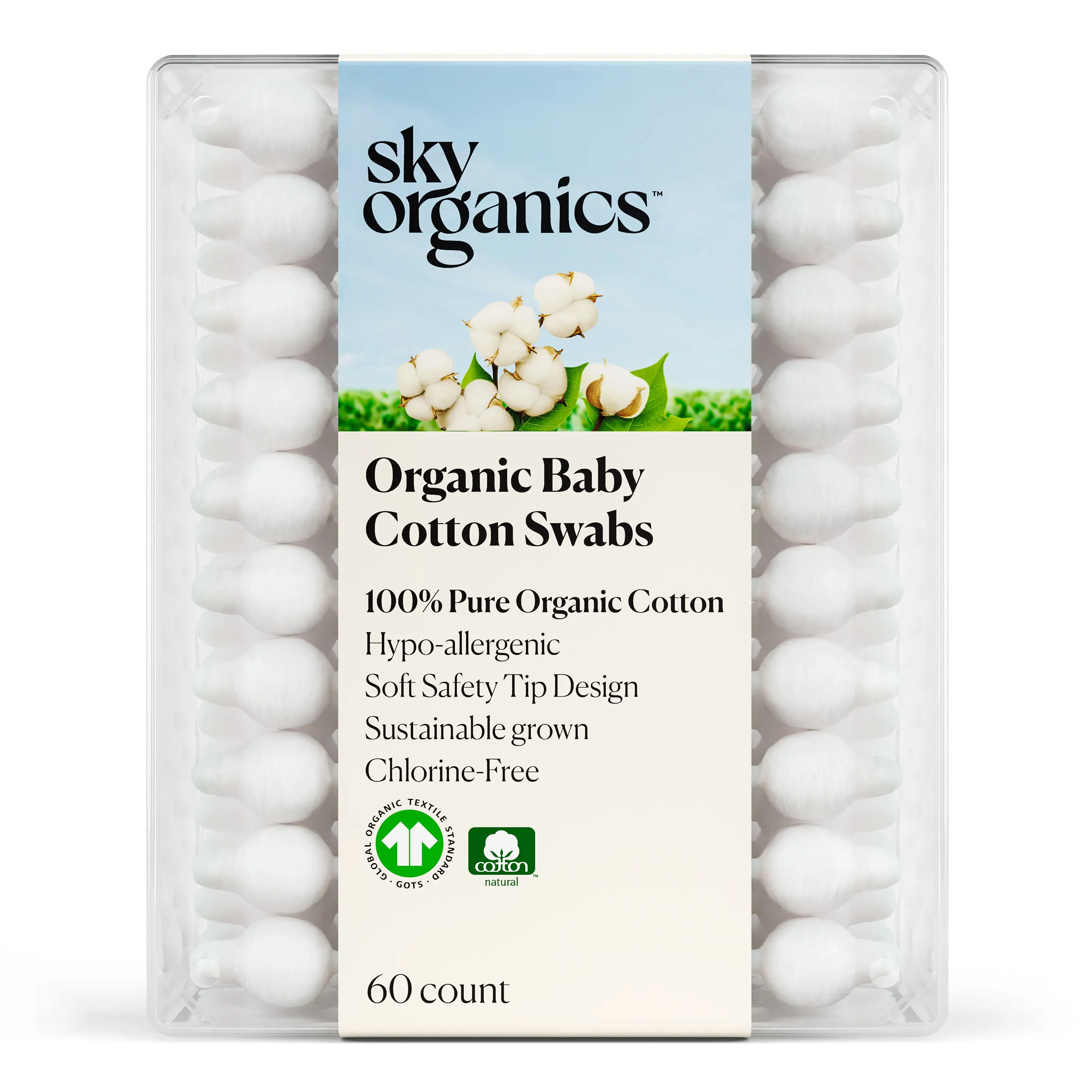 3D product rendering of Sky Organics Organic Baby Cotton Swabs in clear case with soft safety tip design