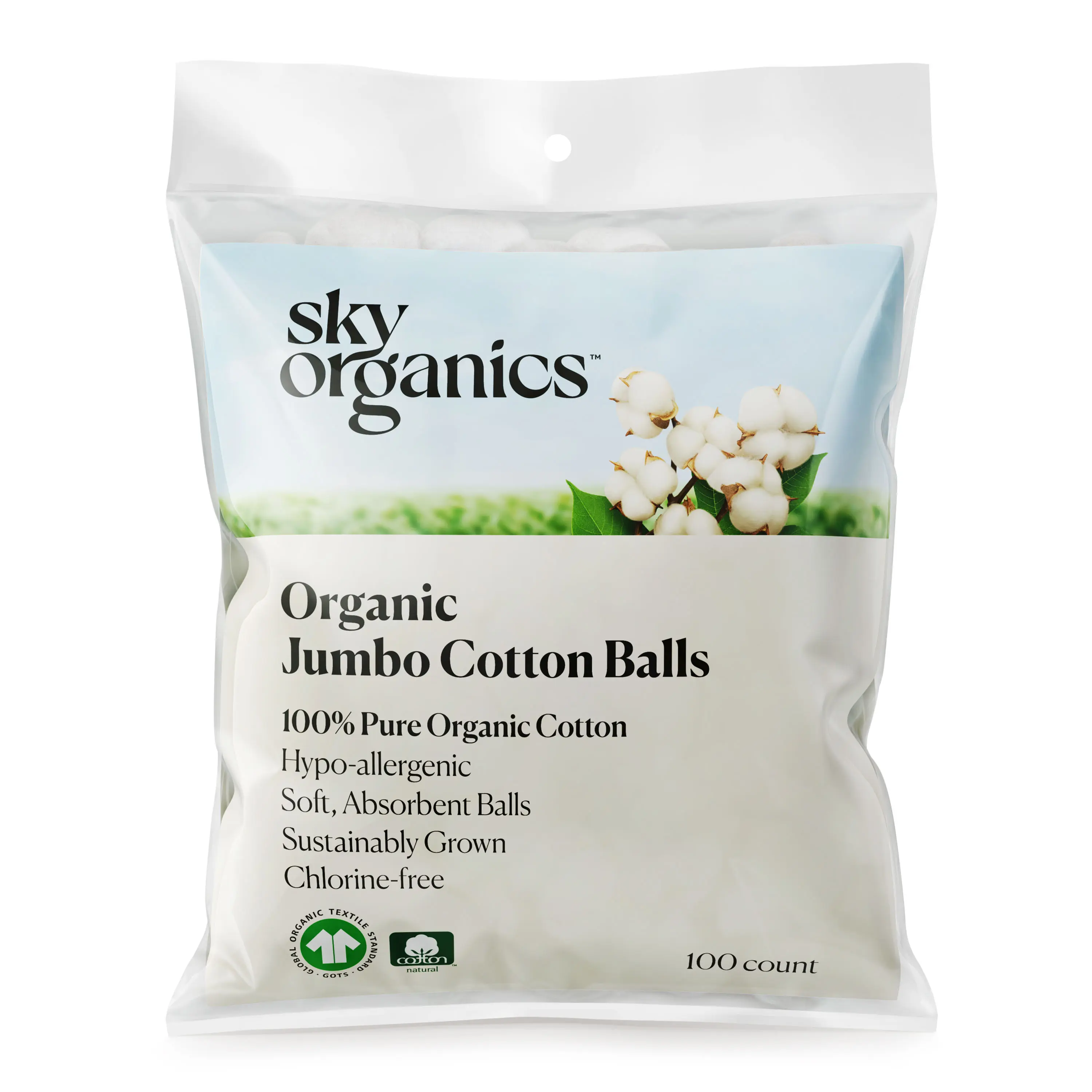3D product rendering of Sky Organics Organic Jumbo Cotton Balls in clear bag with cotton field-themed label design