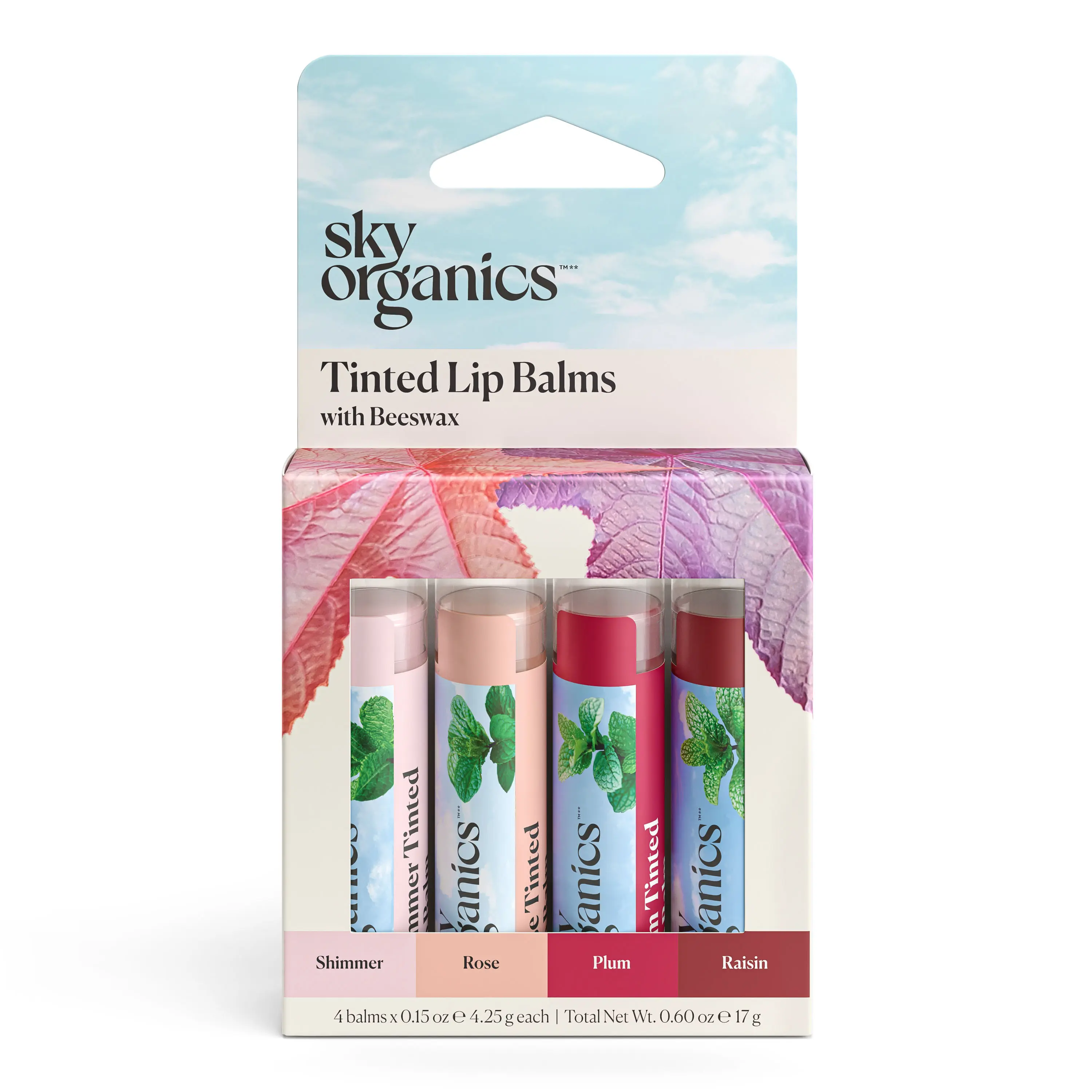 3D product rendering of Sky Organics Tinted Lip Balms set with beeswax in colorful retail packaging