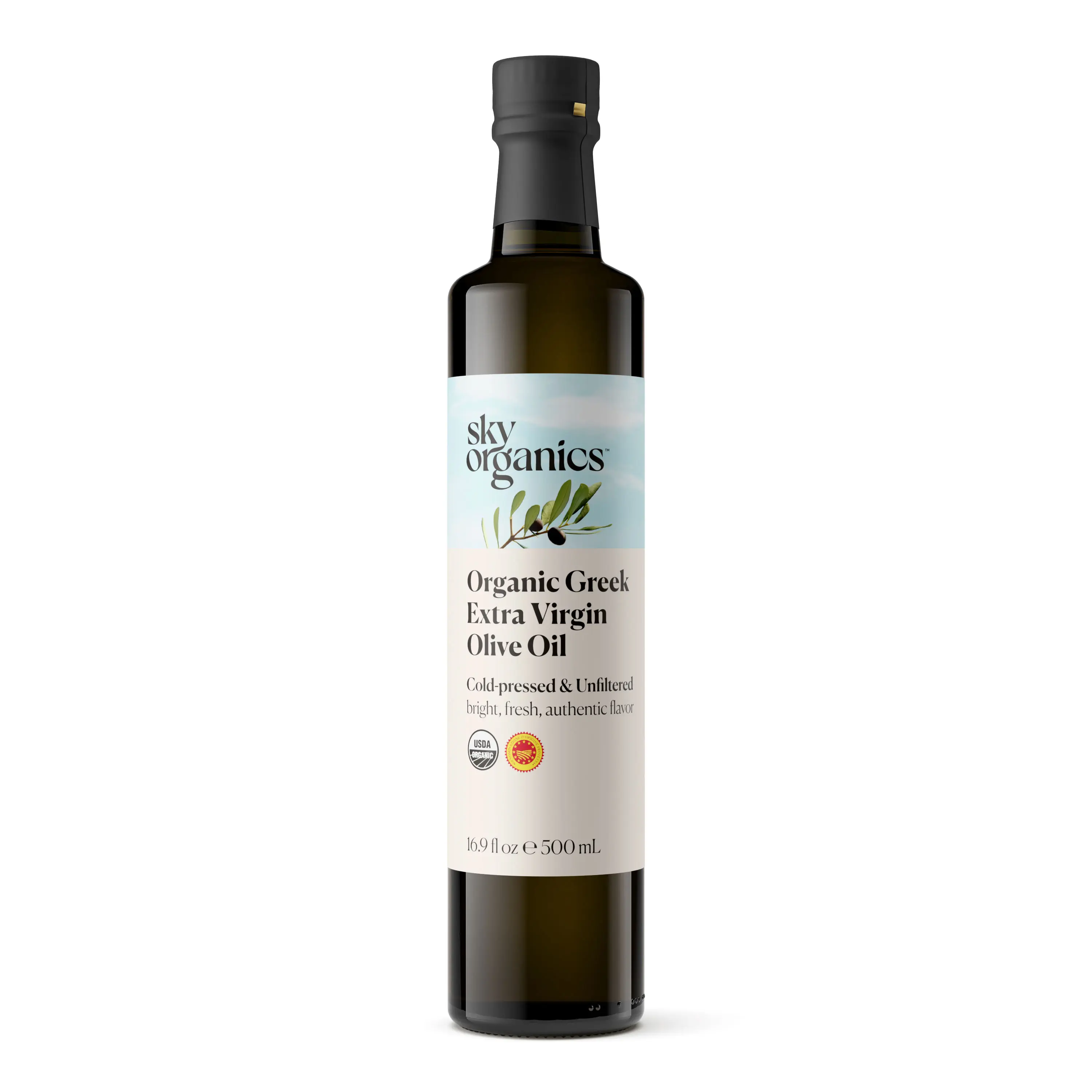 3D product rendering of Sky Organics Organic Greek Extra Virgin Olive Oil in dark glass bottle