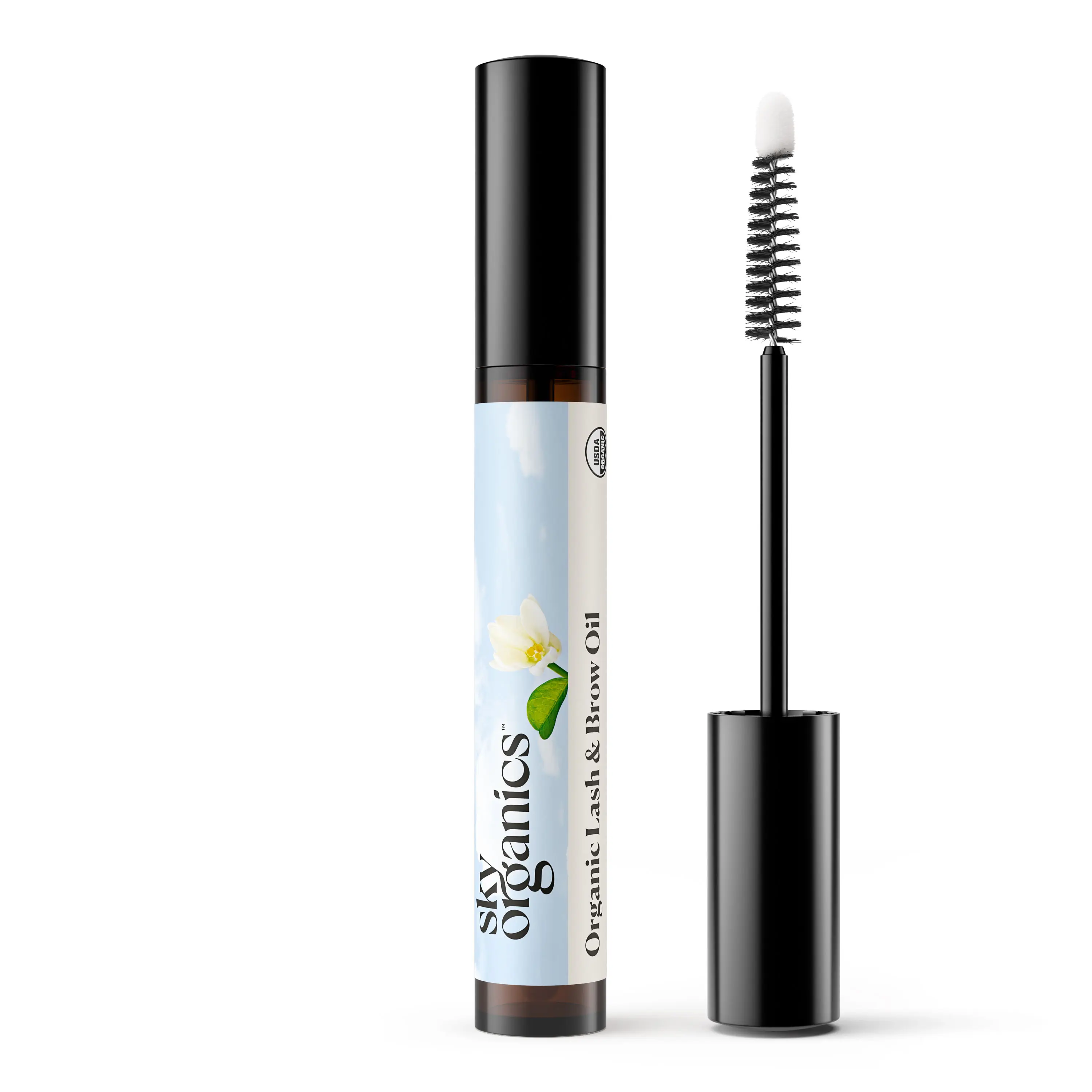 3D product rendering of Sky Organics Organic Lash and Brow Oil with applicator wand and floral-themed label design