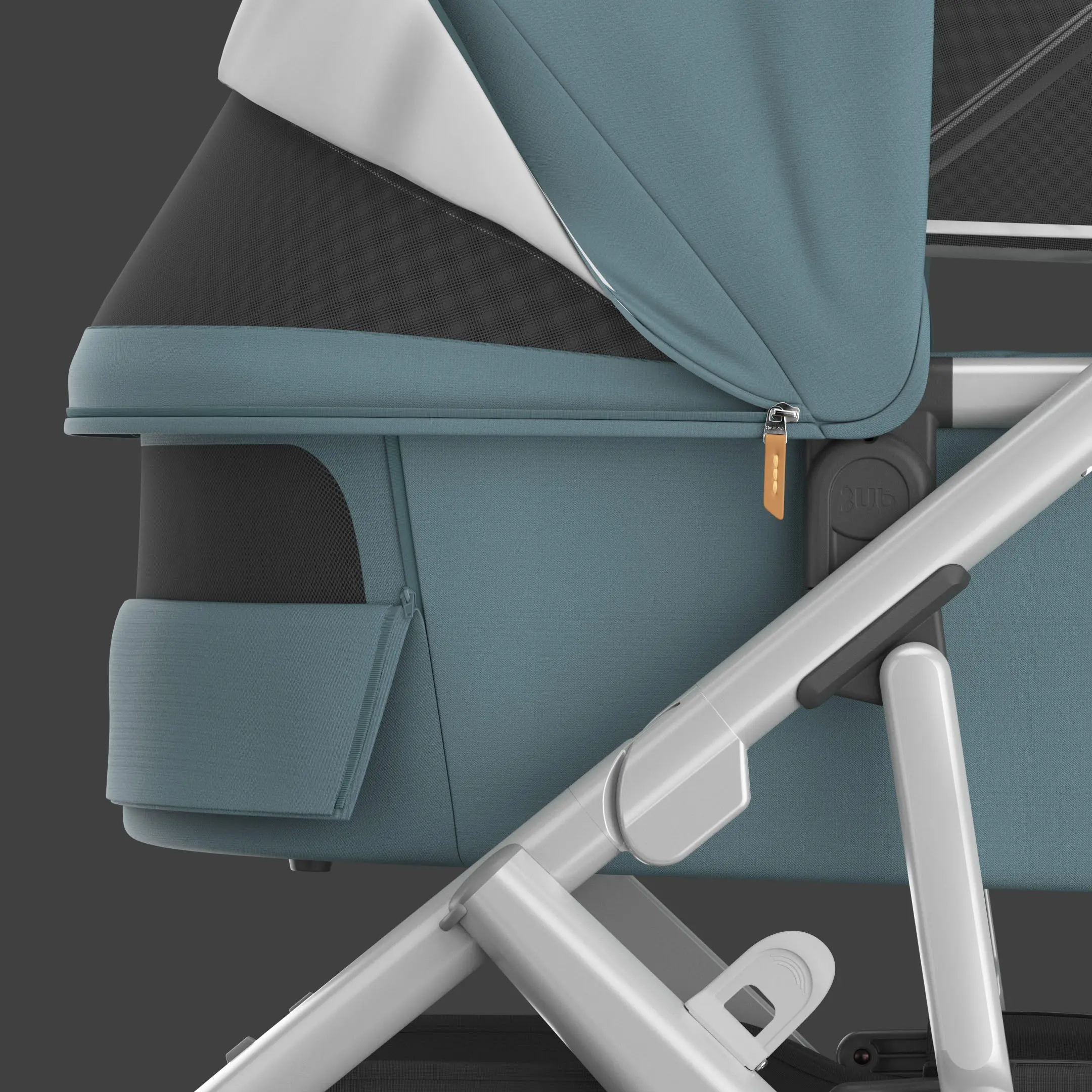 High-detail 3D visualization of a stroller bassinet and frame connection in textured blue fabric and silver frame