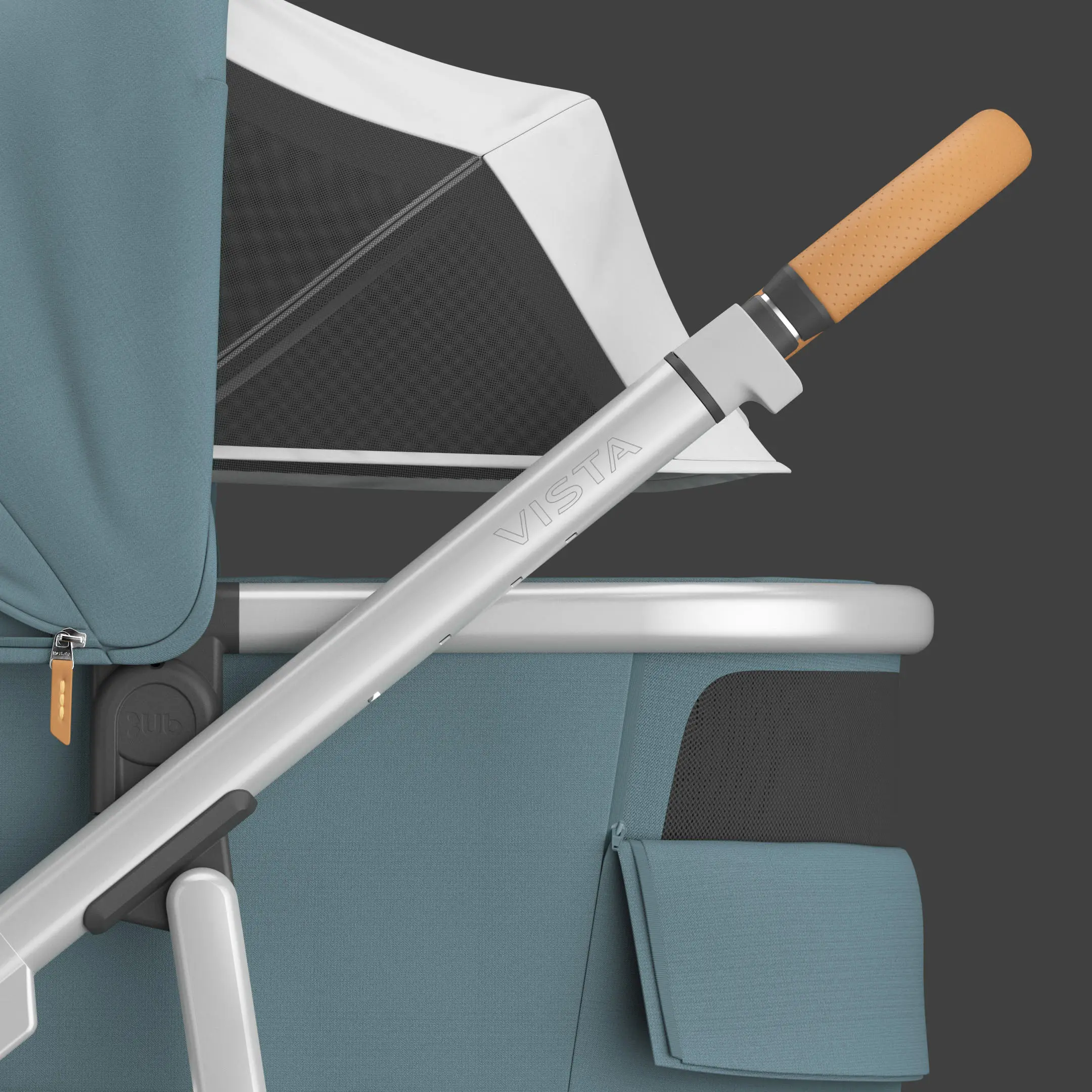 Digital 3D visualization of a stroller handlebar, canopy, and bassinet in blue fabric with Vista branding detail