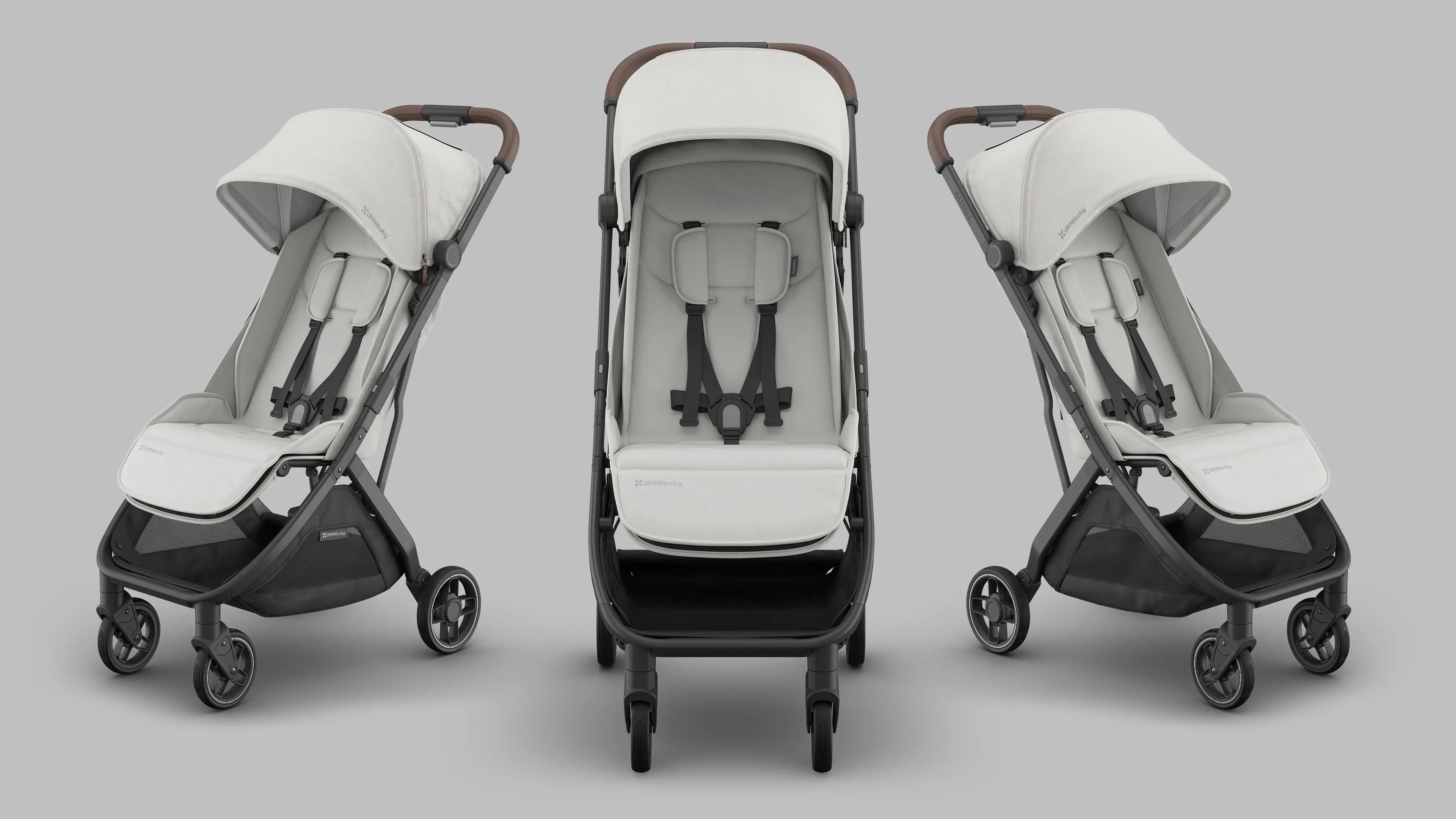 3D visualization of modern lightweight strollers in three angles showcasing design, fabric, and frame structure