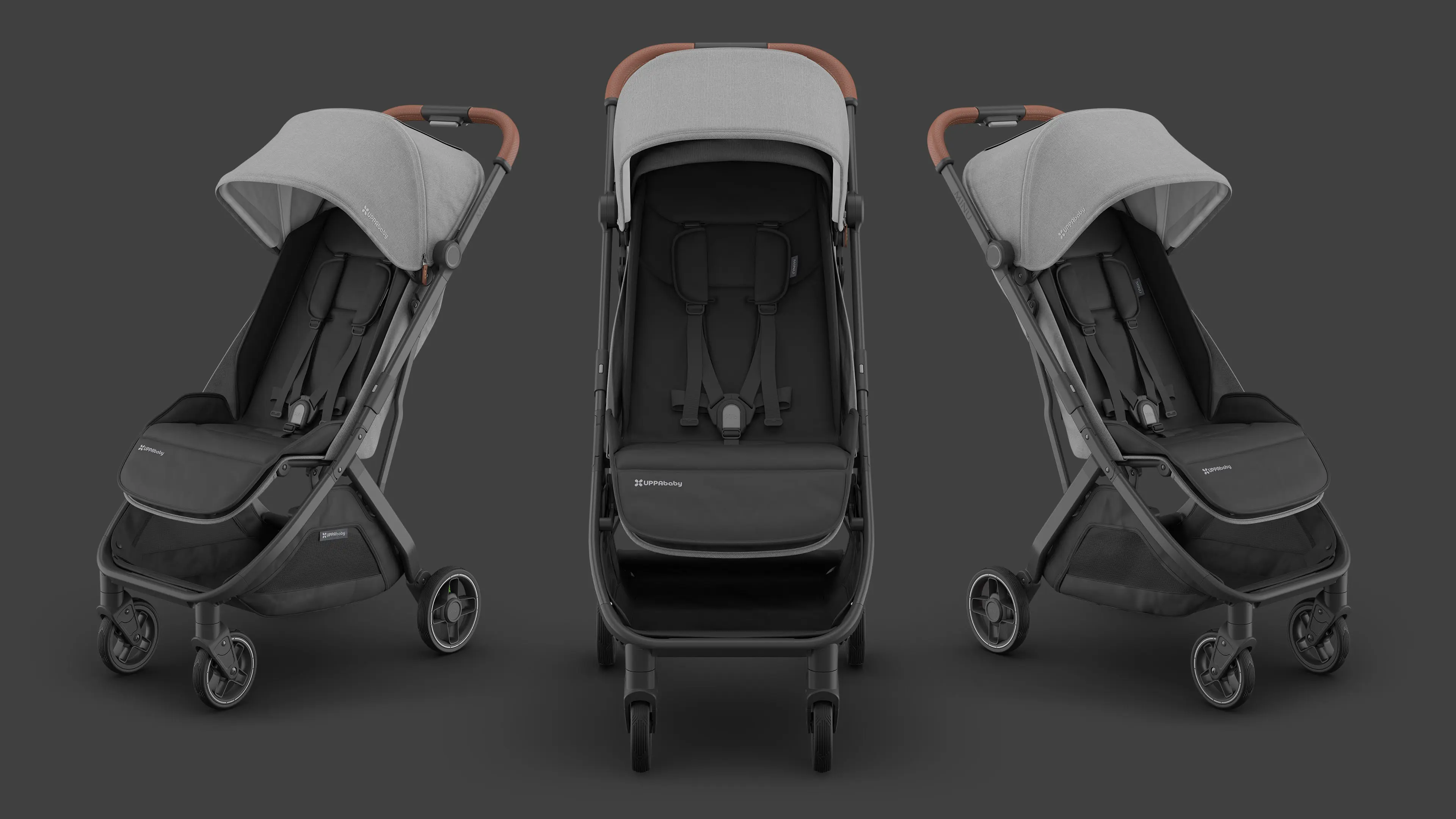 Digital rendering of three modern compact strollers in dark fabric with adjustable canopy and leather-accented handles