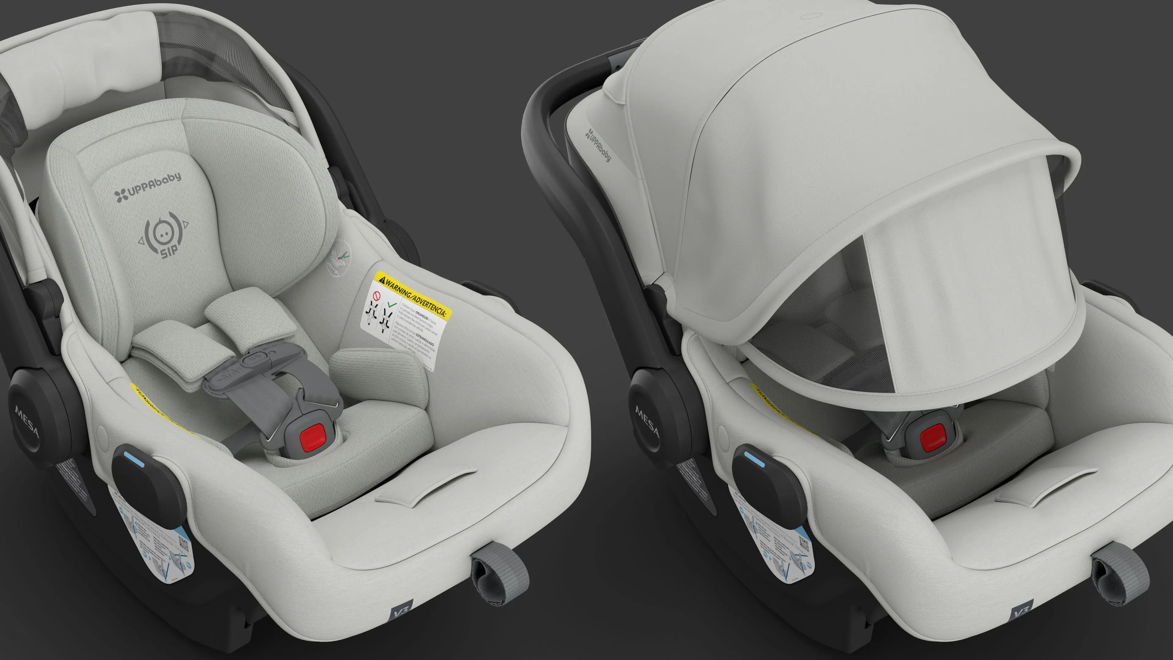 High-quality 3D rendering of infant car seat in two angles, showing canopy design and five-point harness system