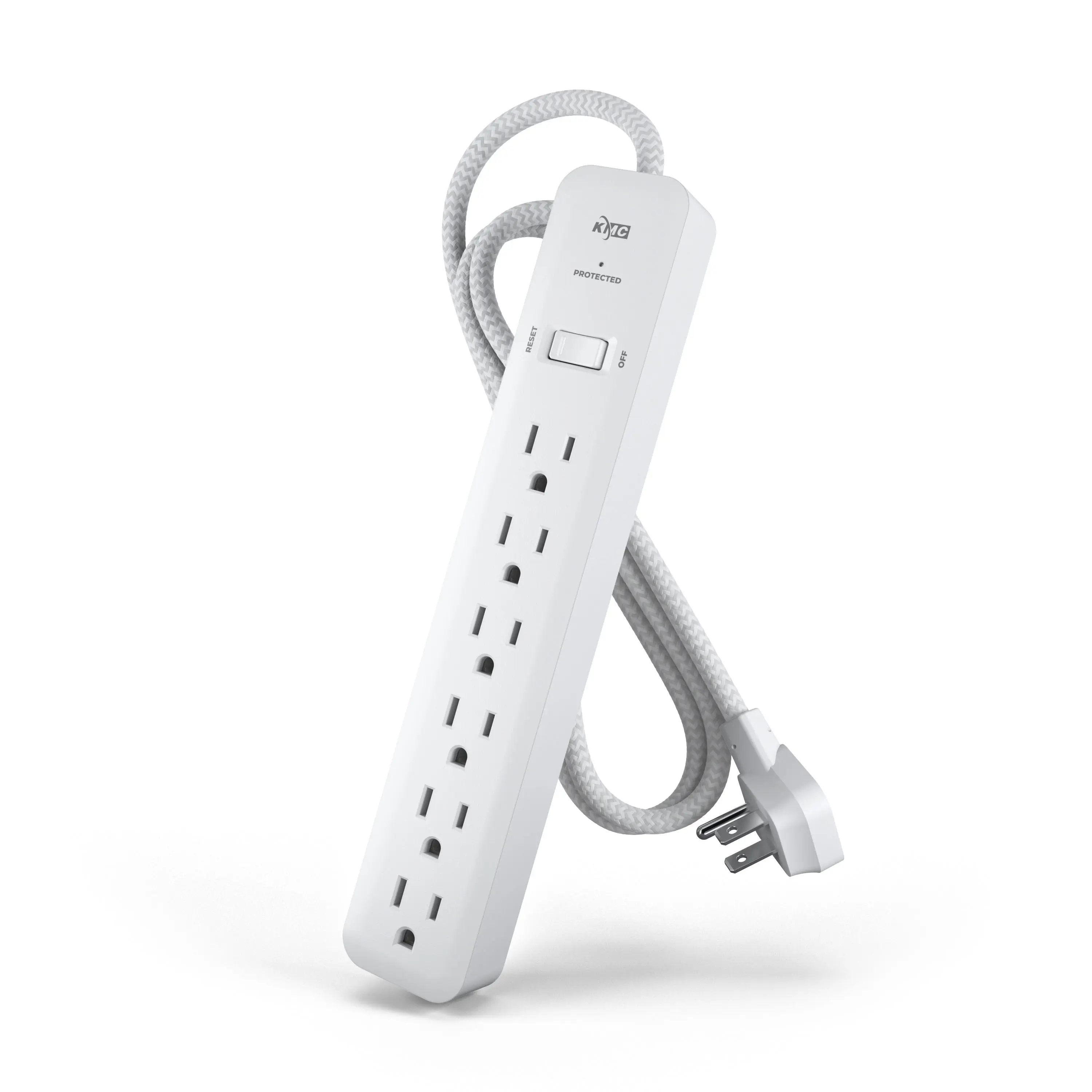 Clean product rendering of a six-outlet white surge protector with braided power cord and angled plug