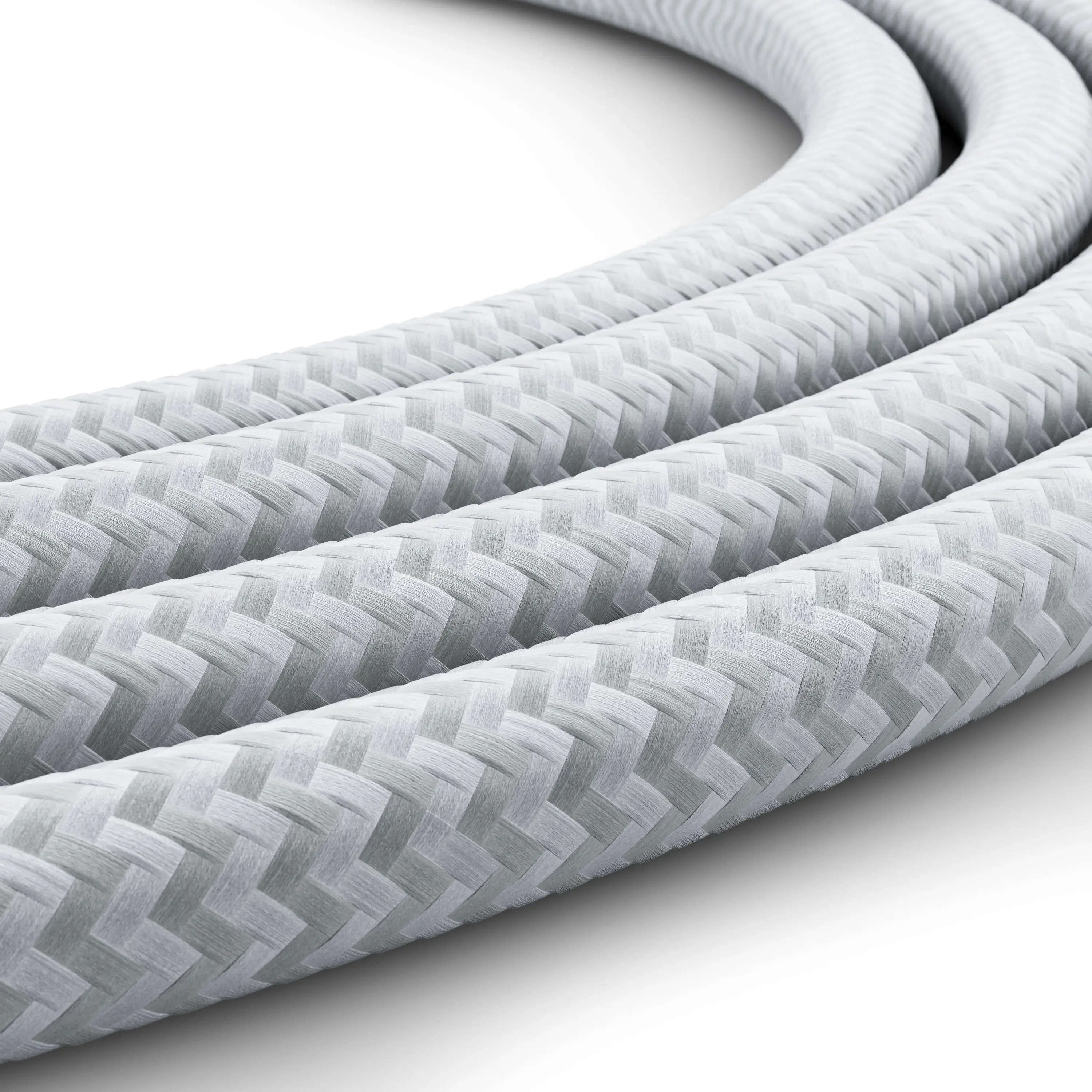 Detailed 3D rendering of a white braided power cord texture showing woven material and curved layout
