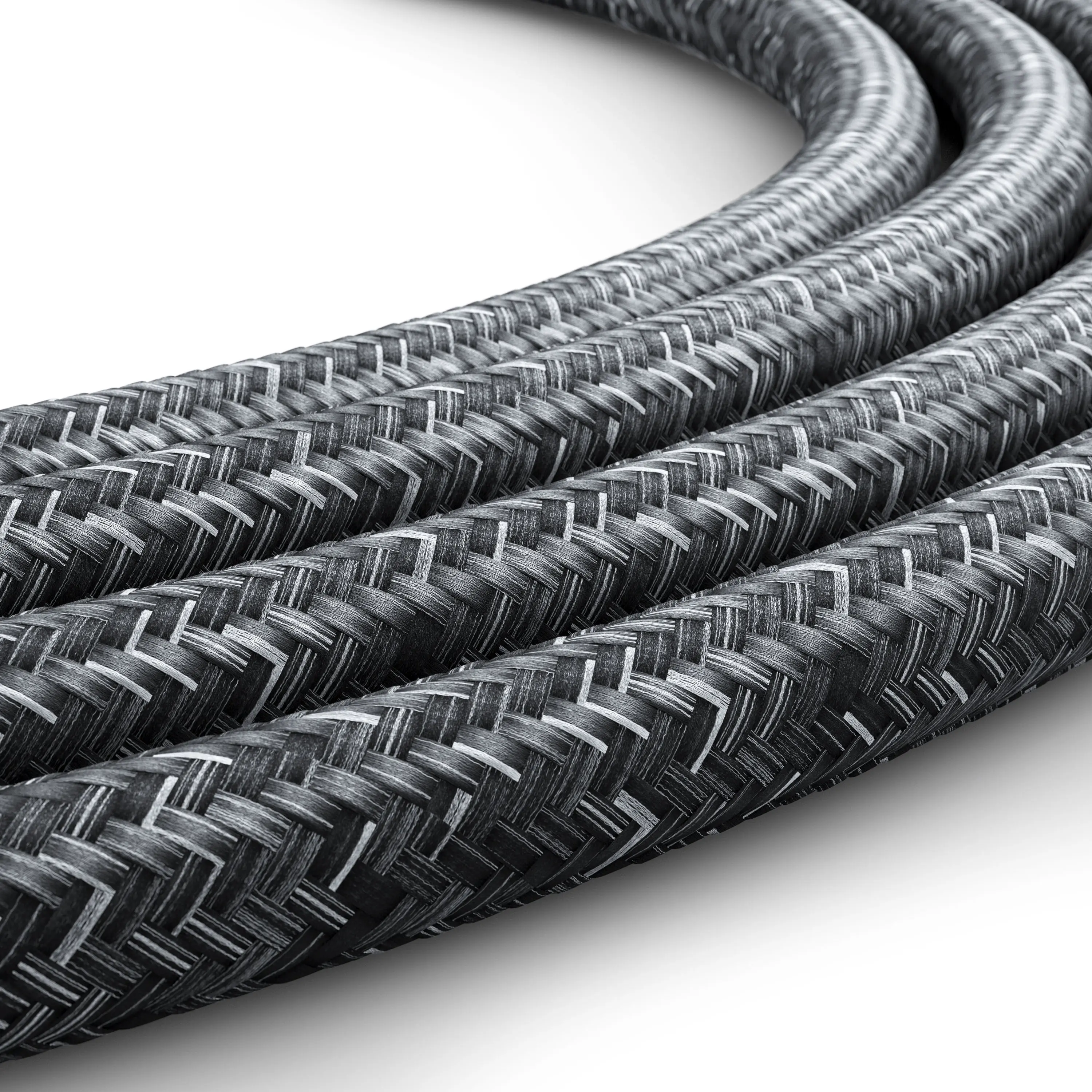 Photorealistic rendering of a black braided power cord highlighting woven texture and curved alignment