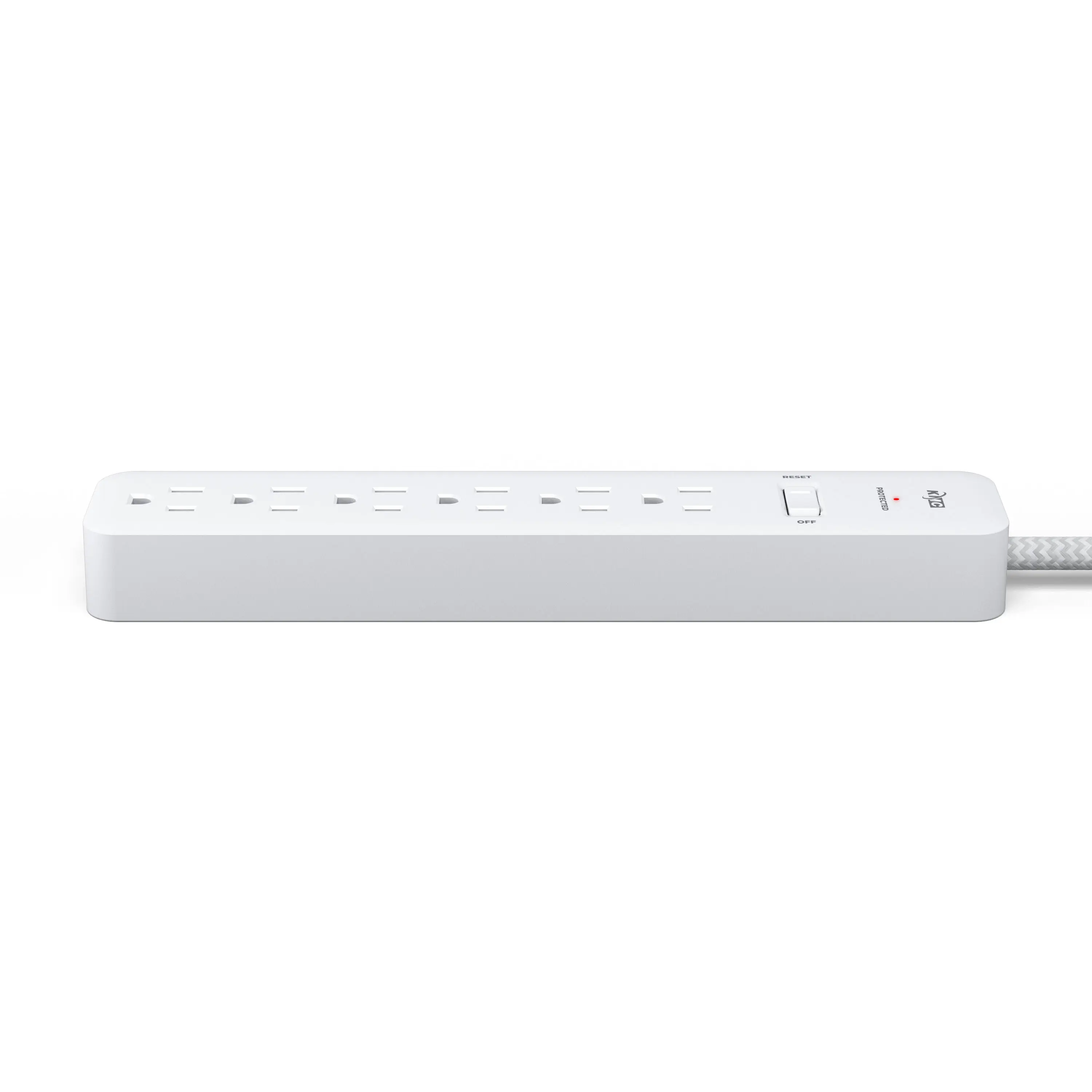 Angled 3D rendering of a white six-outlet power strip with braided cord and illuminated protection indicator