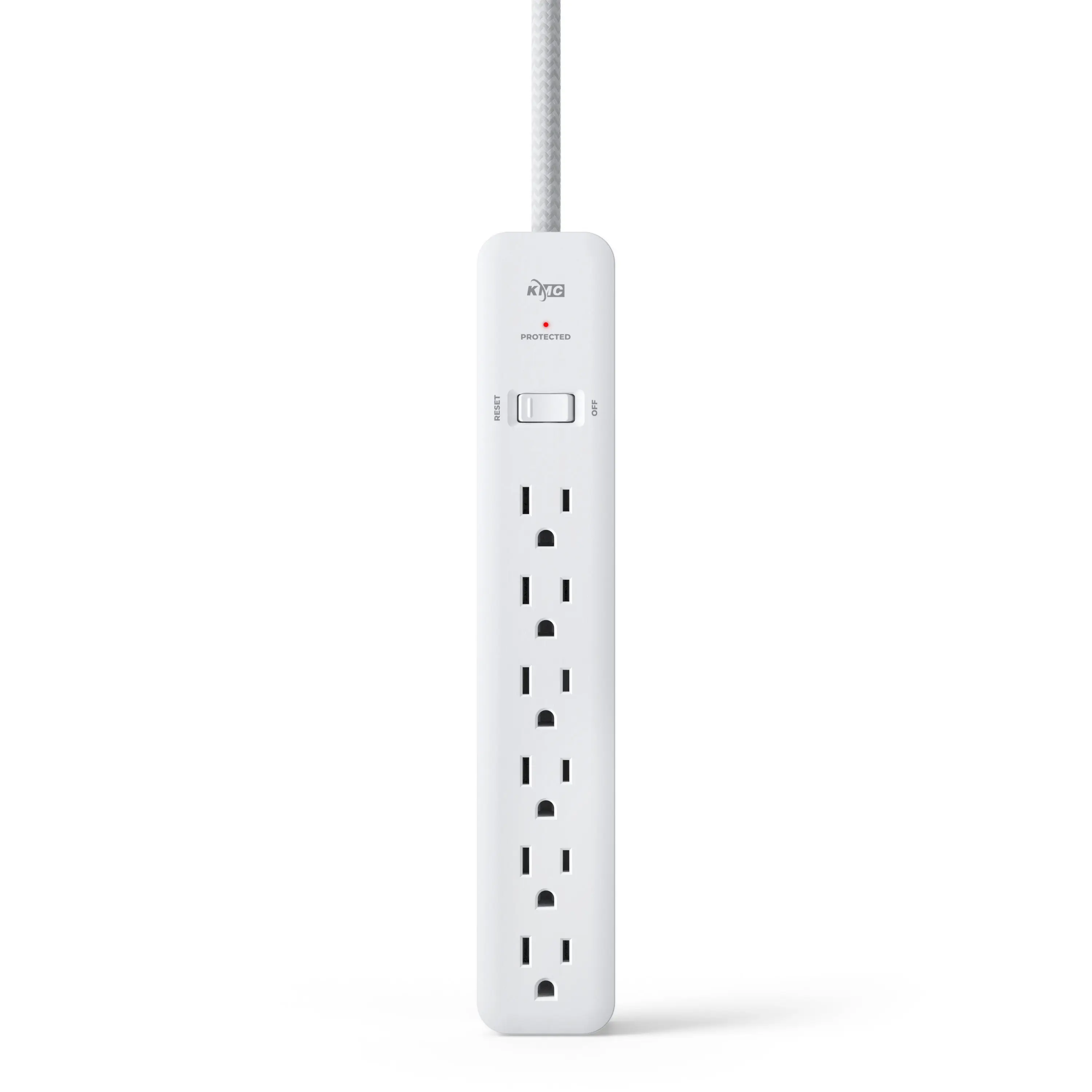Clean digital rendering of a white surge protector with six outlets, braided cord, and power switch indicator