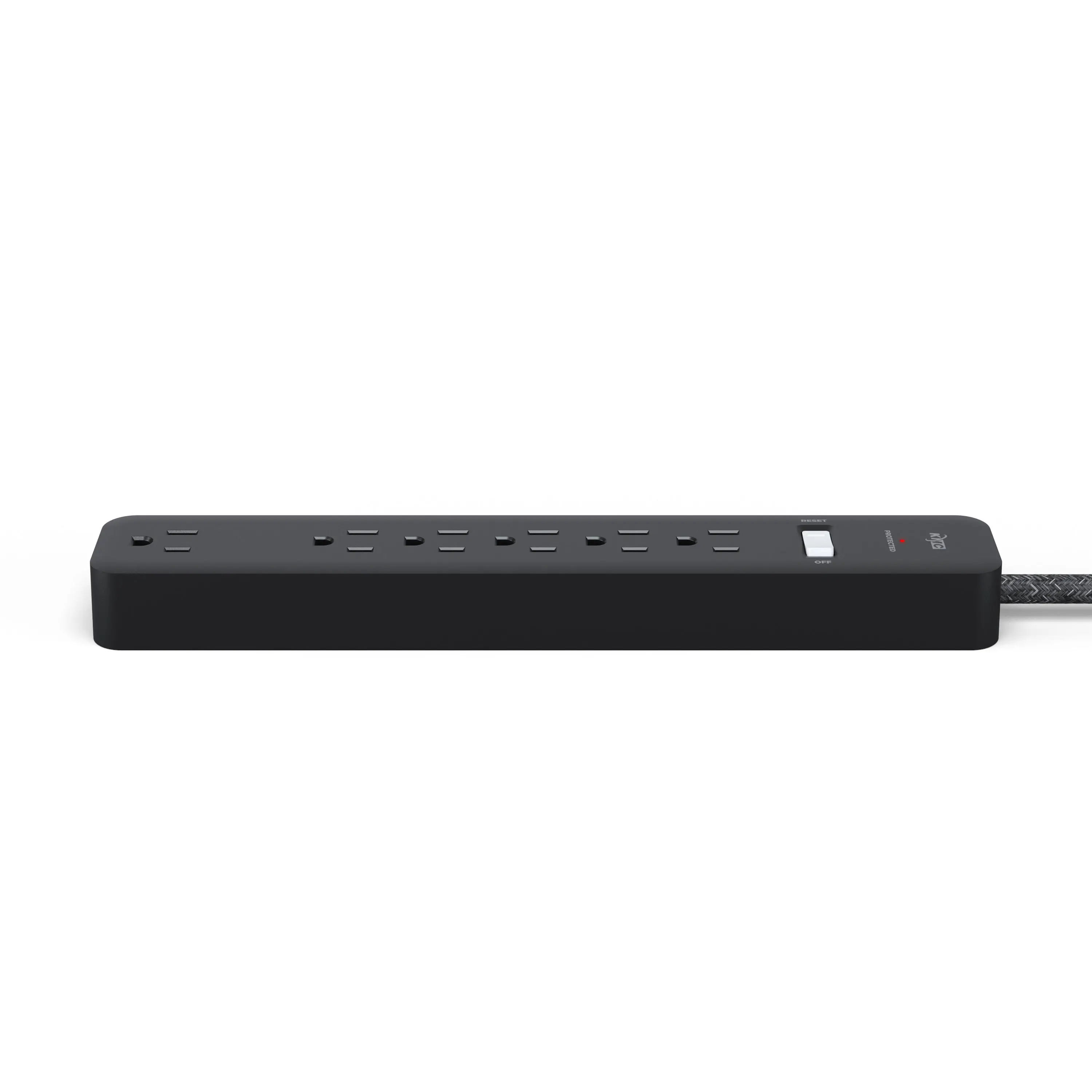 Angled digital rendering of black six-outlet surge protector with braided cord and power switch indicator light