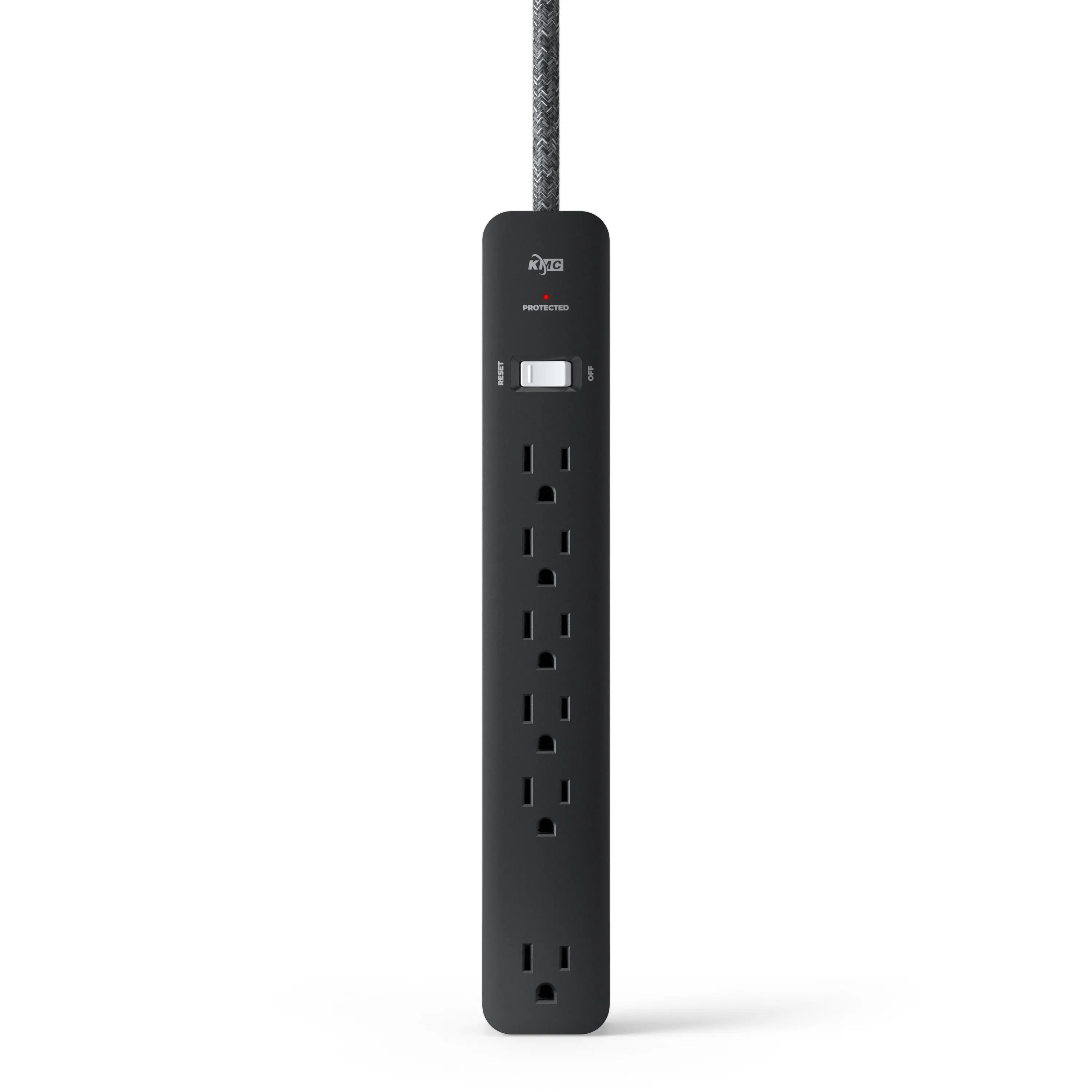 Front-facing digital rendering of black surge protector with six outlets, braided power cord, and reset switch