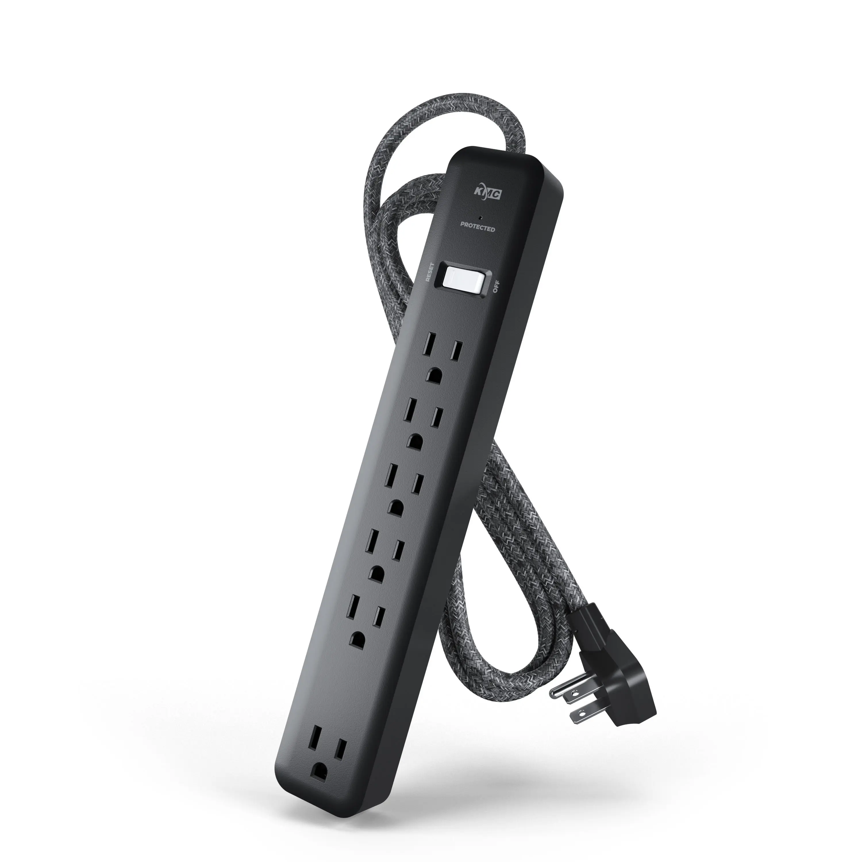 Stylized product rendering of black surge protector with six outlets, braided cord, and angled grounded plug