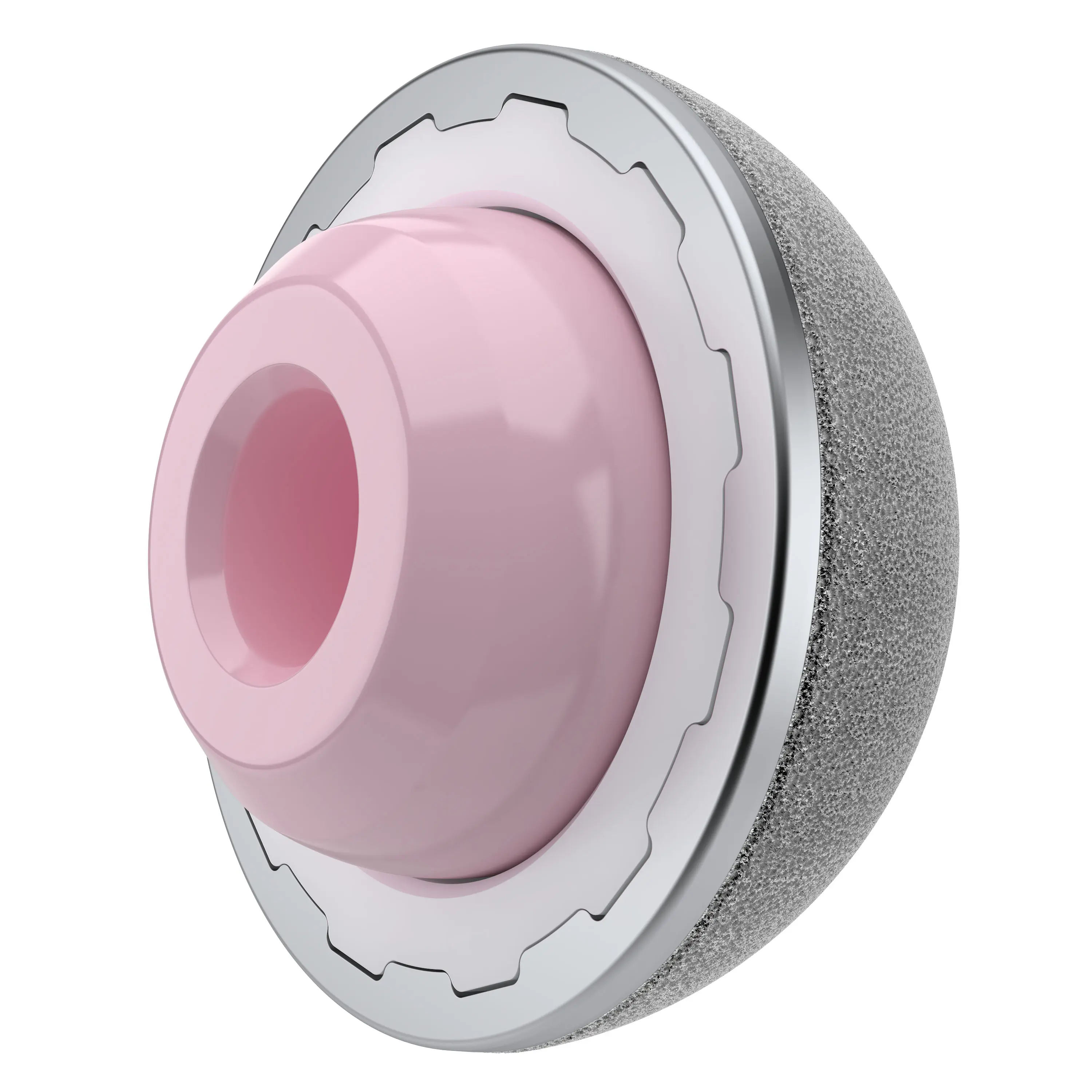 Detailed 3D rendering of a hip implant with a ceramic liner and textured metal shell