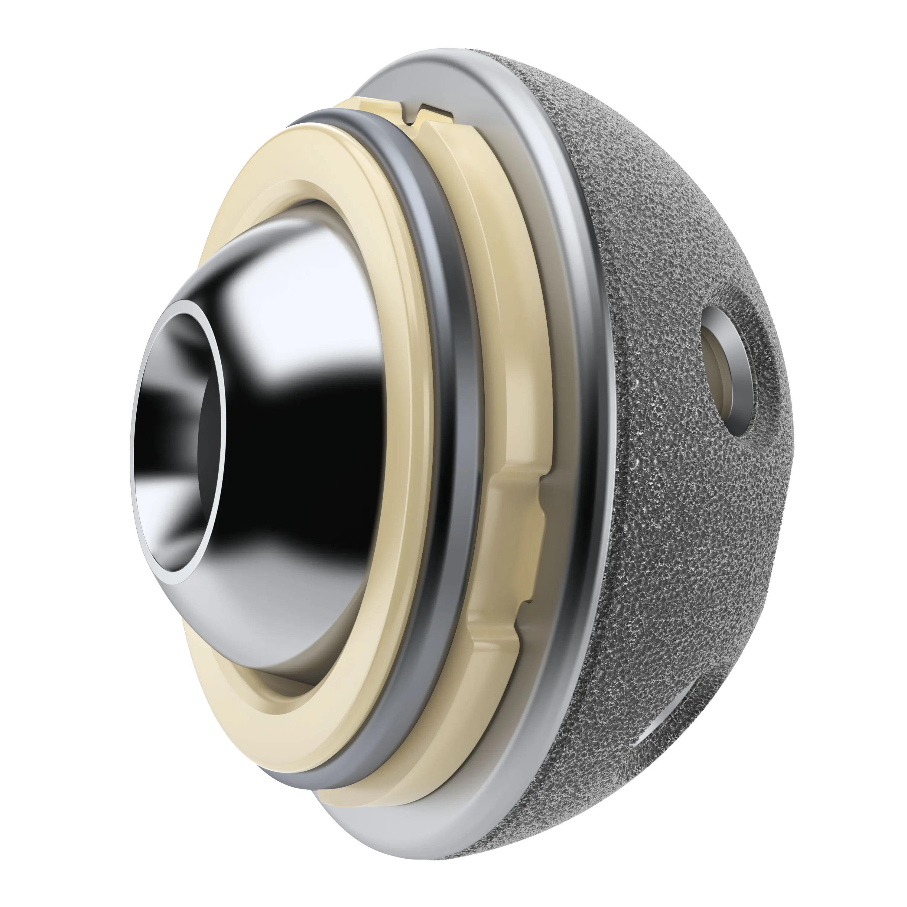 Detailed 3D visualization of orthopedic hip implant with multi-hole shell and polished metal head