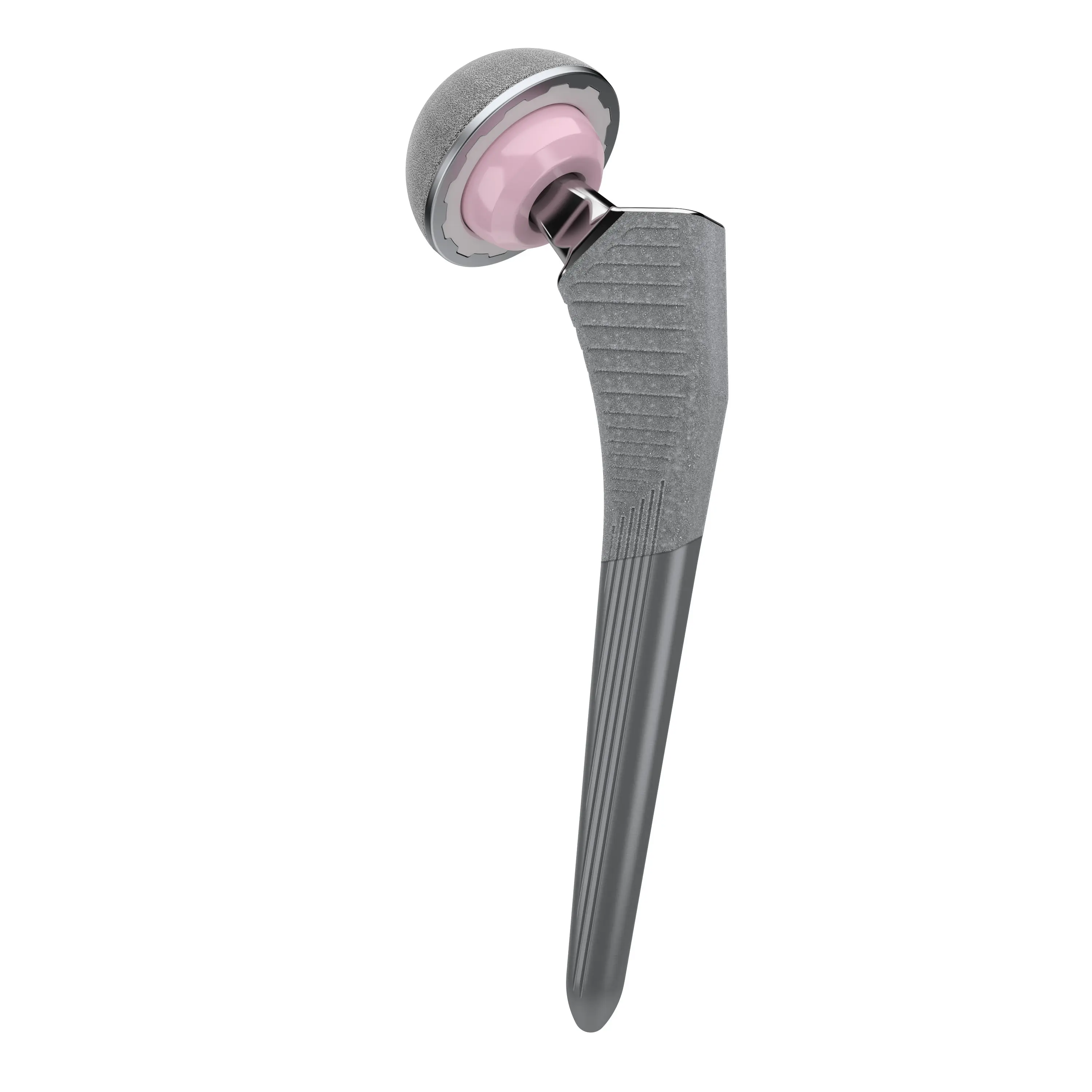 3D rendering of a complete hip implant with femoral stem and ceramic head