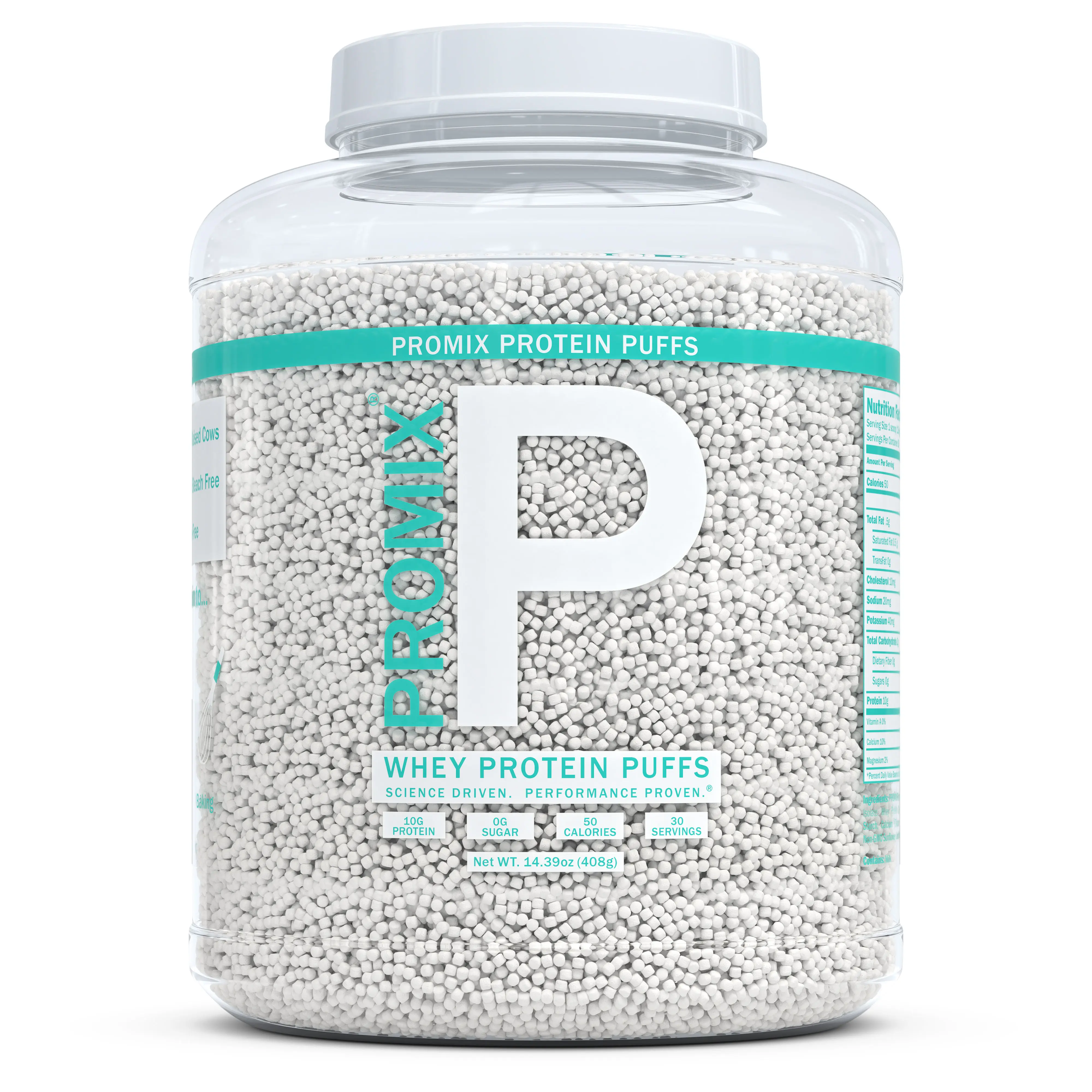 Photorealistic 3D rendering of Promix whey protein puffs in a clear jar