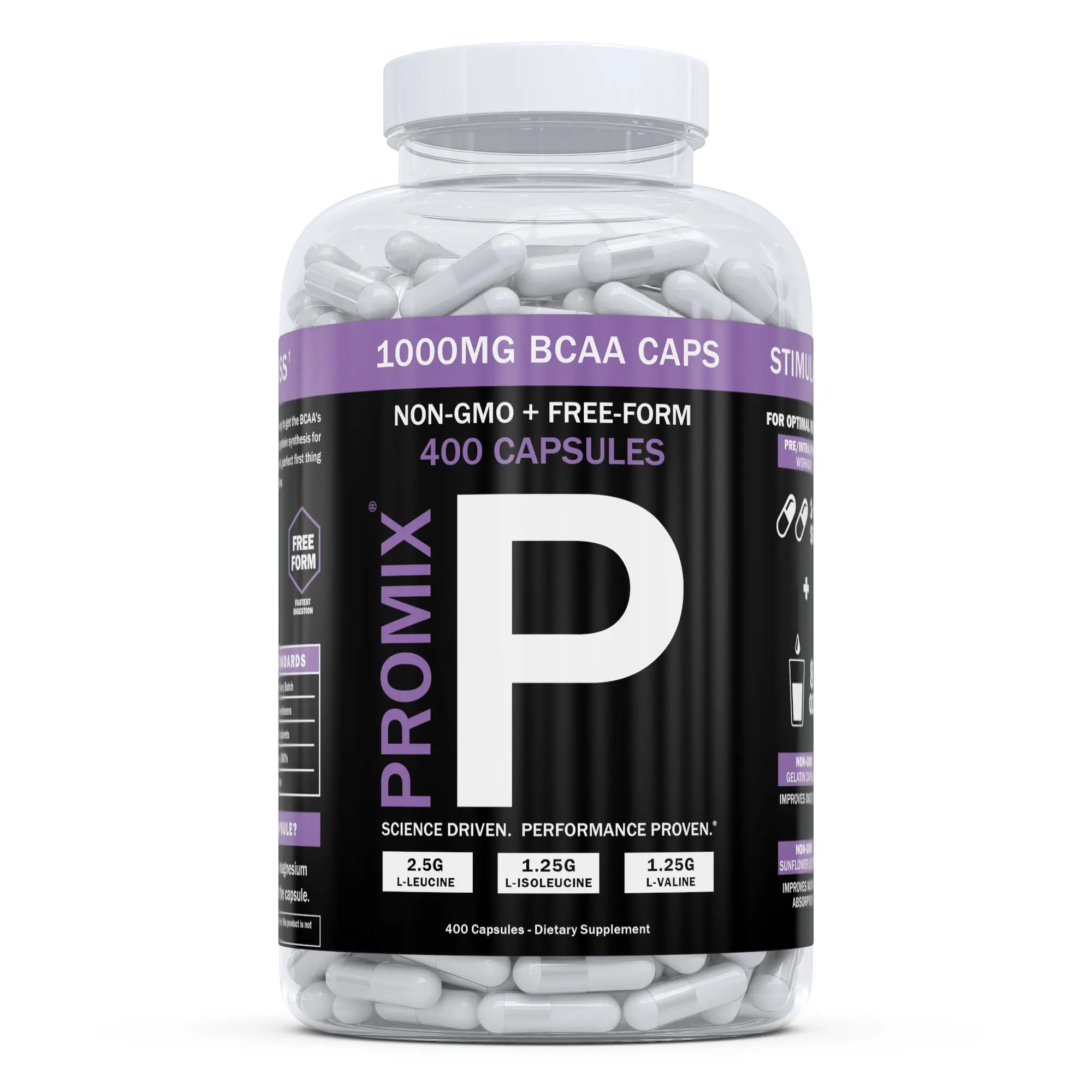 3D rendering of Promix BCAA capsule supplement bottle with purple and black label