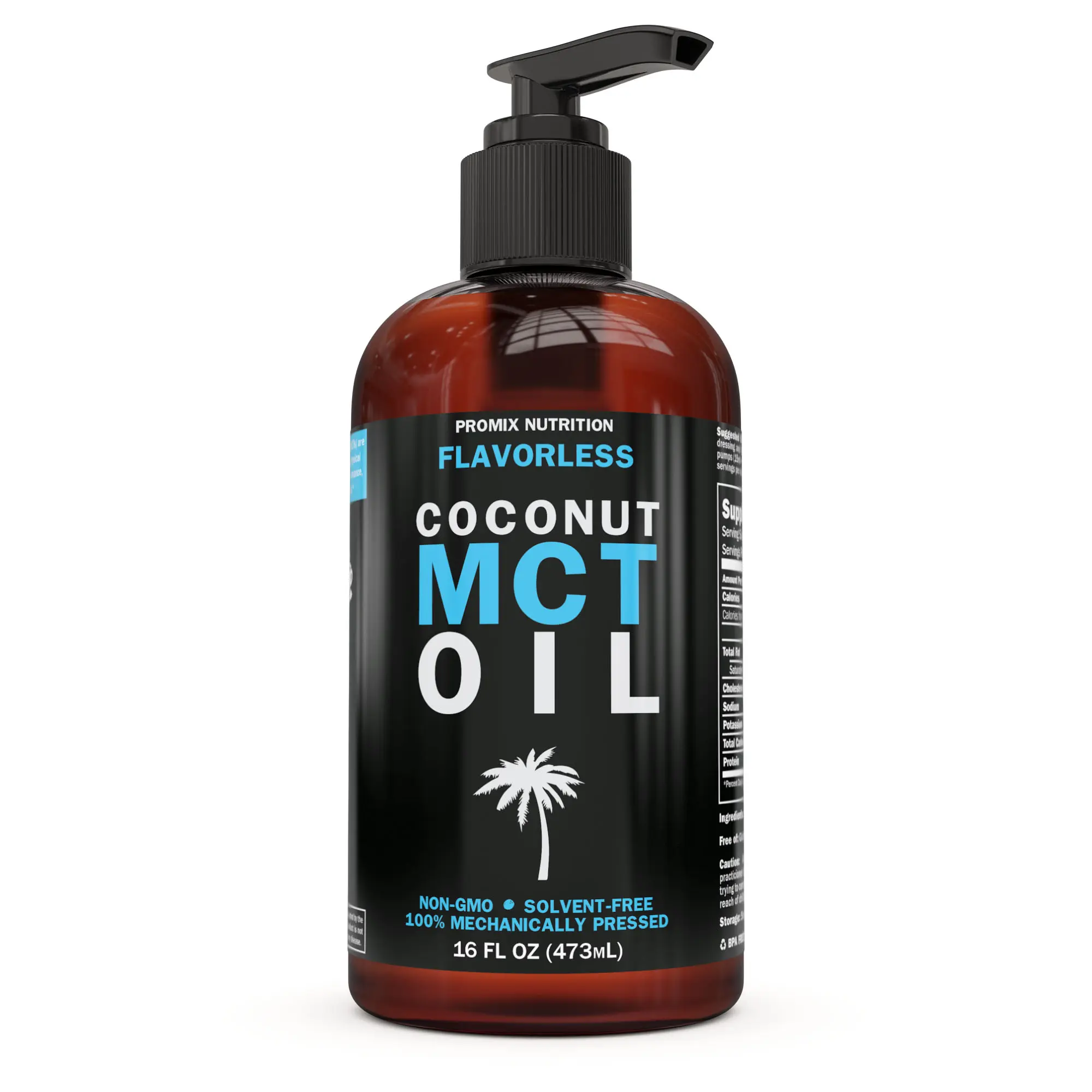 3D product rendering of Promix MCT oil bottle with pump dispenser and black label