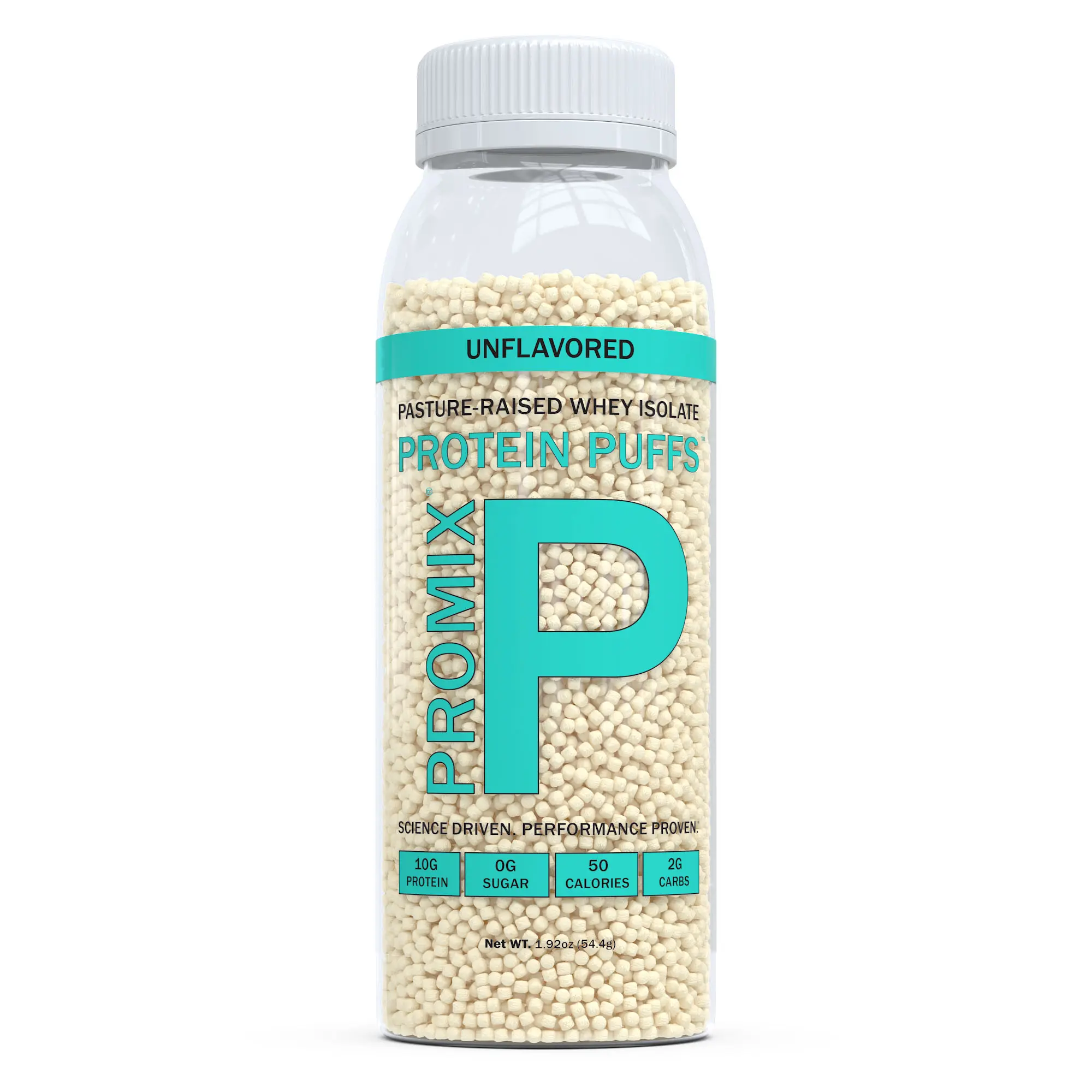 3D rendering of Promix unflavored protein puffs in clear plastic bottle with teal label