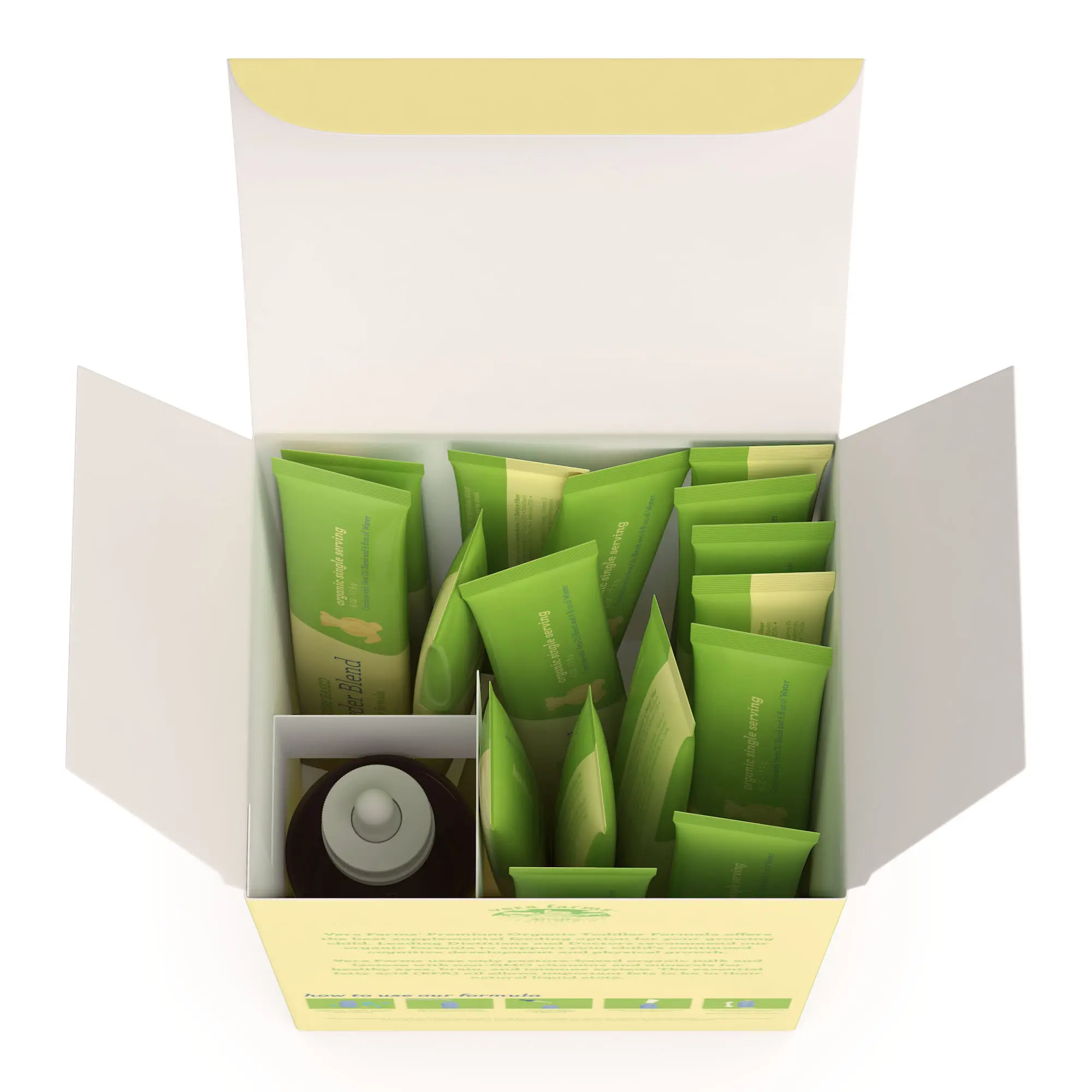 Top-down view of open carton containing green single-serve packets and dropper bottle