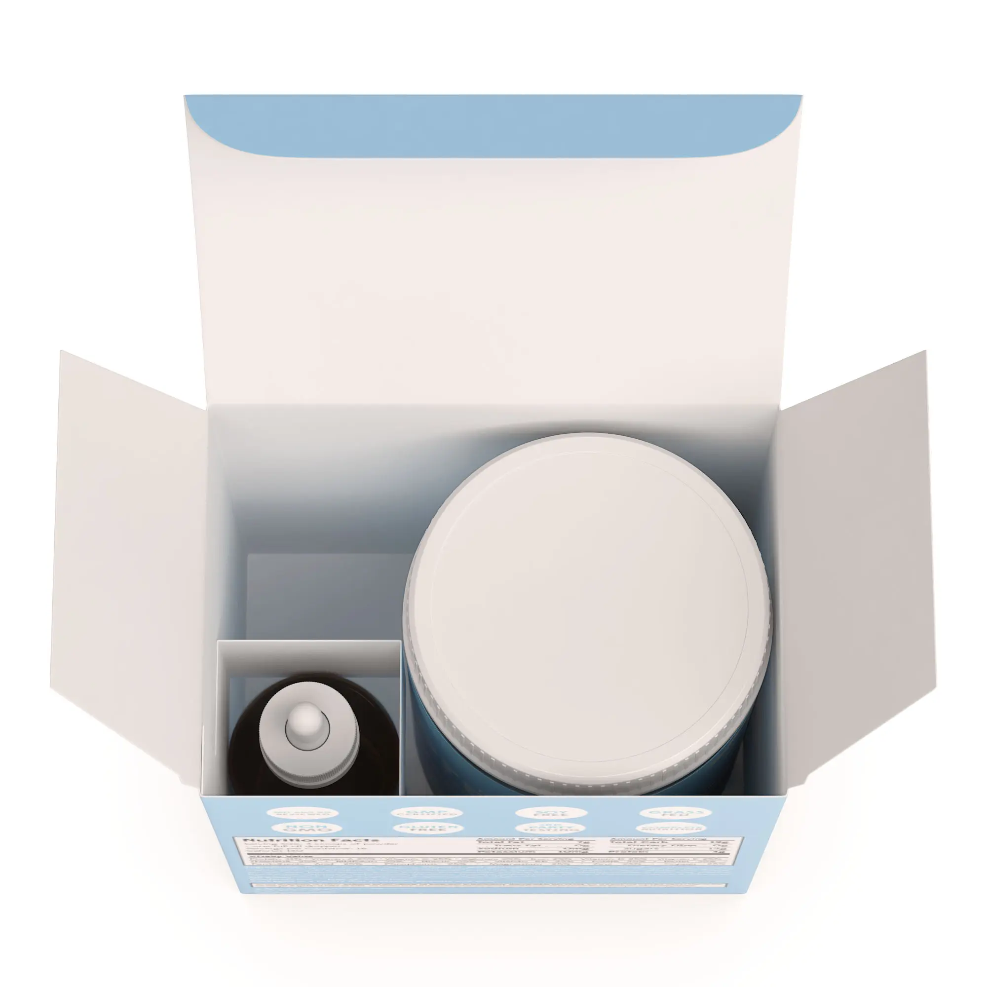 Top-down view of open product carton showing supplement container and dropper bottle"