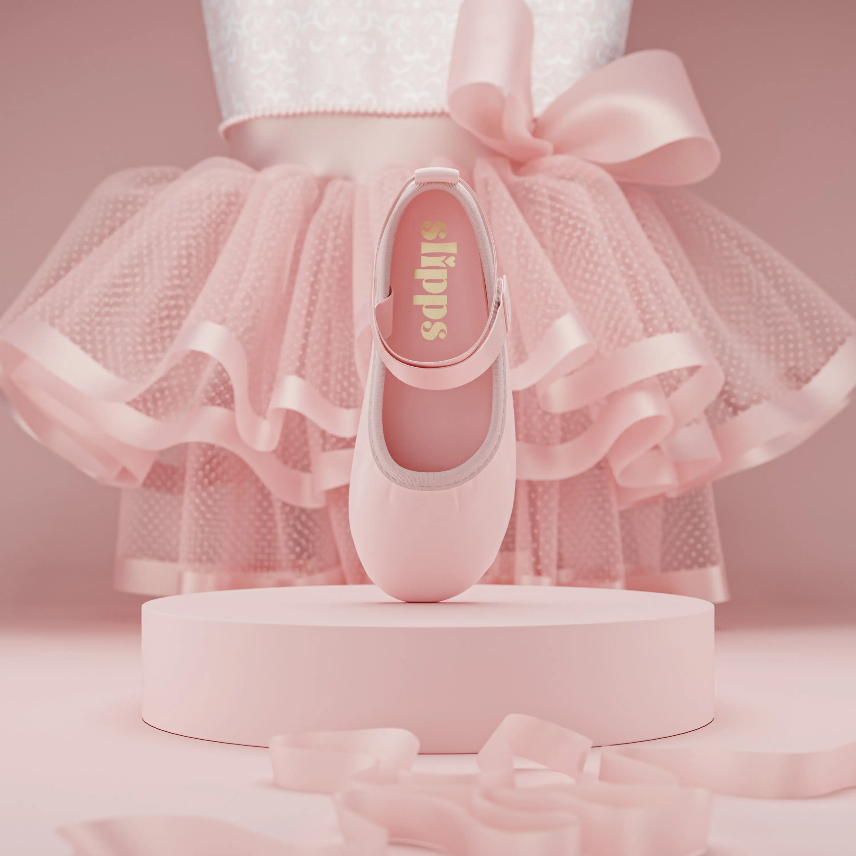 3D product rendering of pink ballet flat in front of tutu dress with satin accents