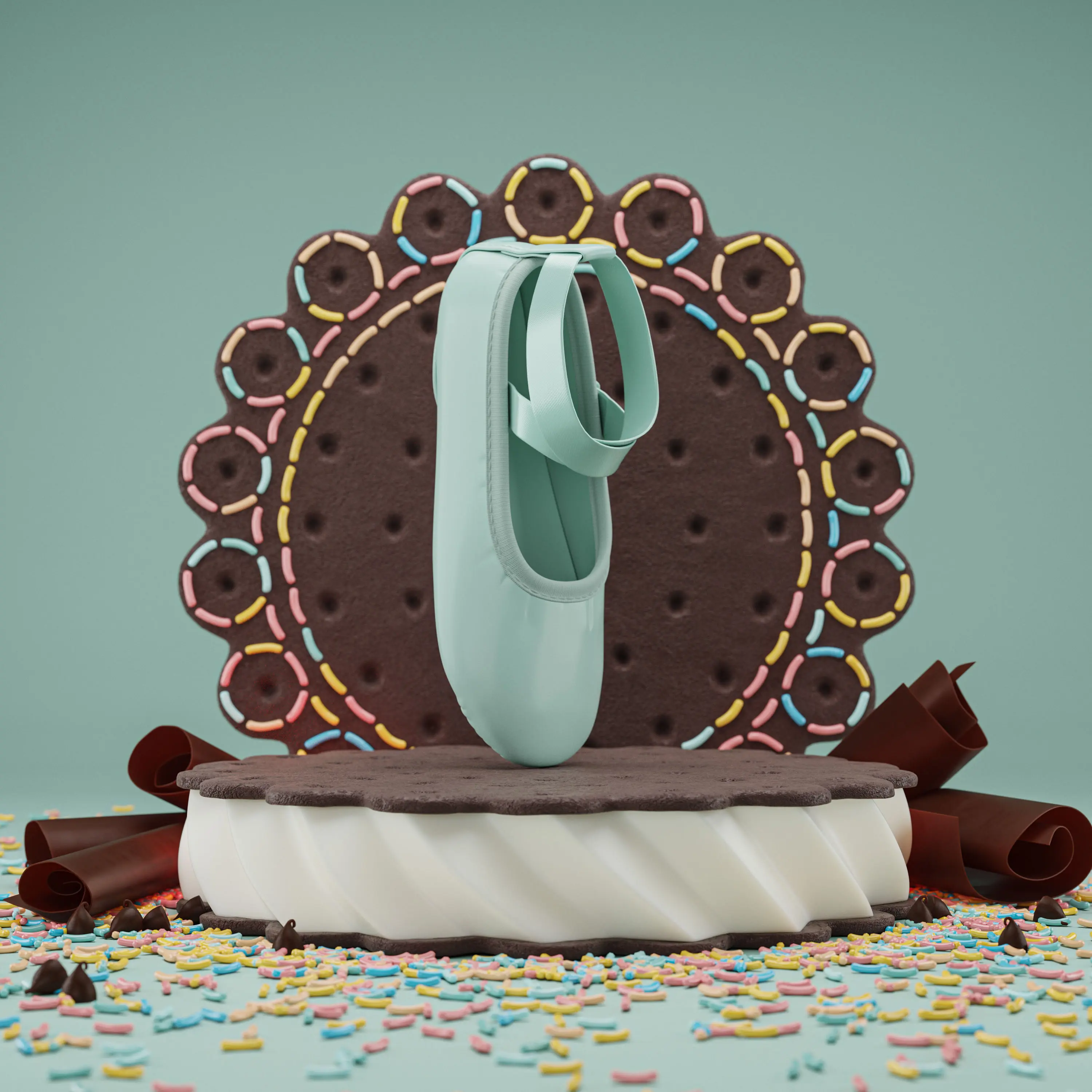 3D product rendering of mint green ballet flat with ankle strap, styled in a playful dessert scene