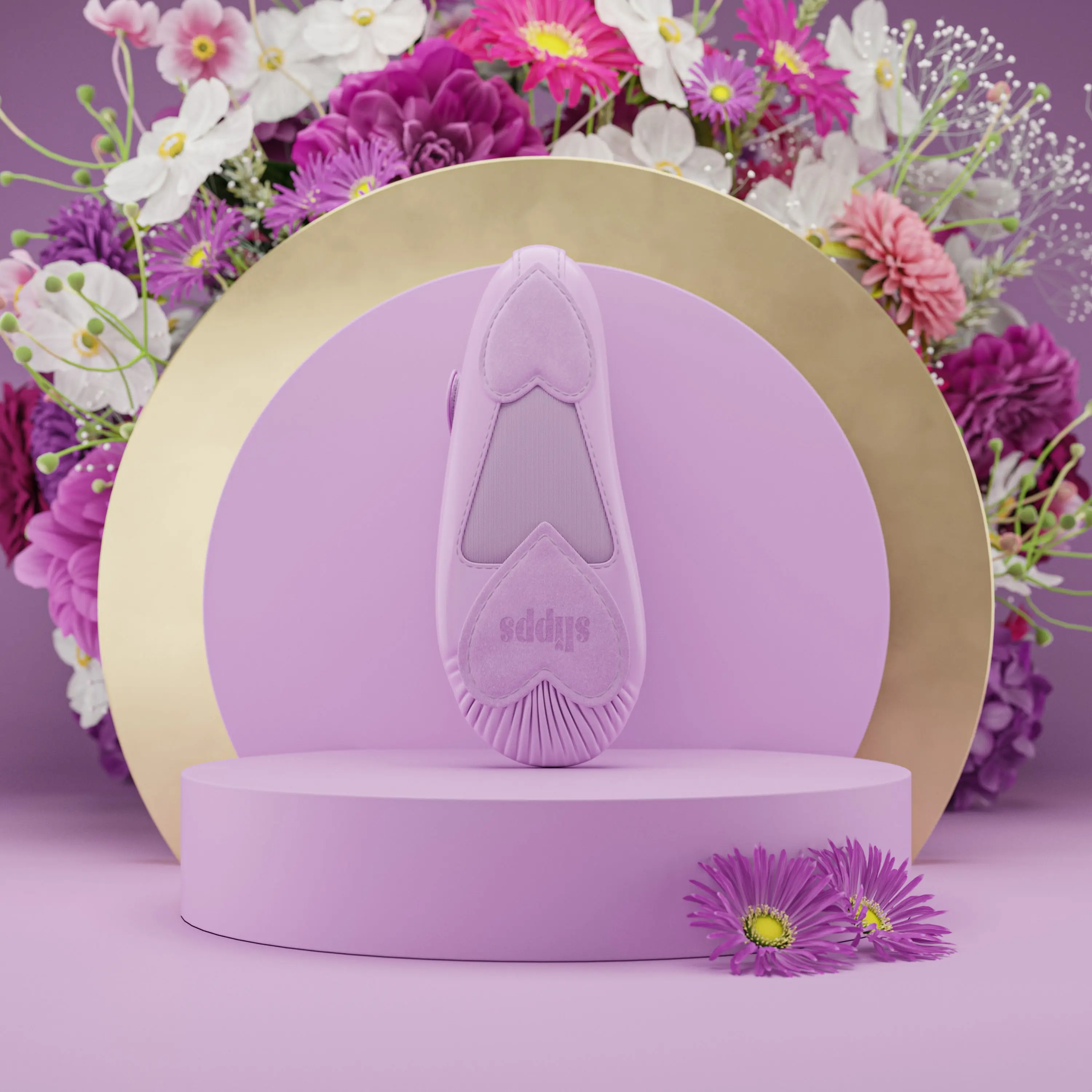 3D rendering of a lavender ballet shoe with heart-shaped sole, set against a floral backdrop
