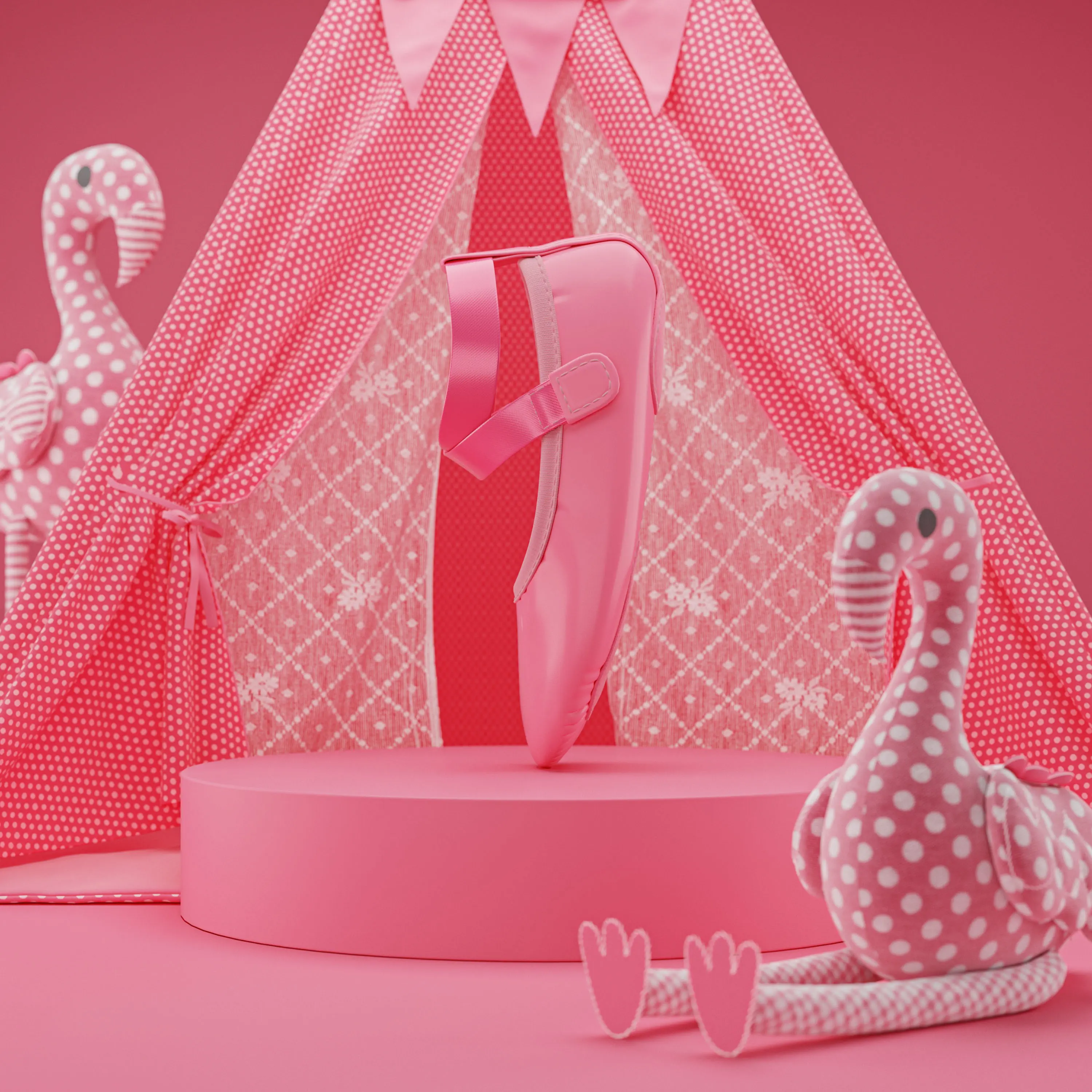 3D product visualization of a pink girl's ballet shoe in a playful flamingo-themed setting