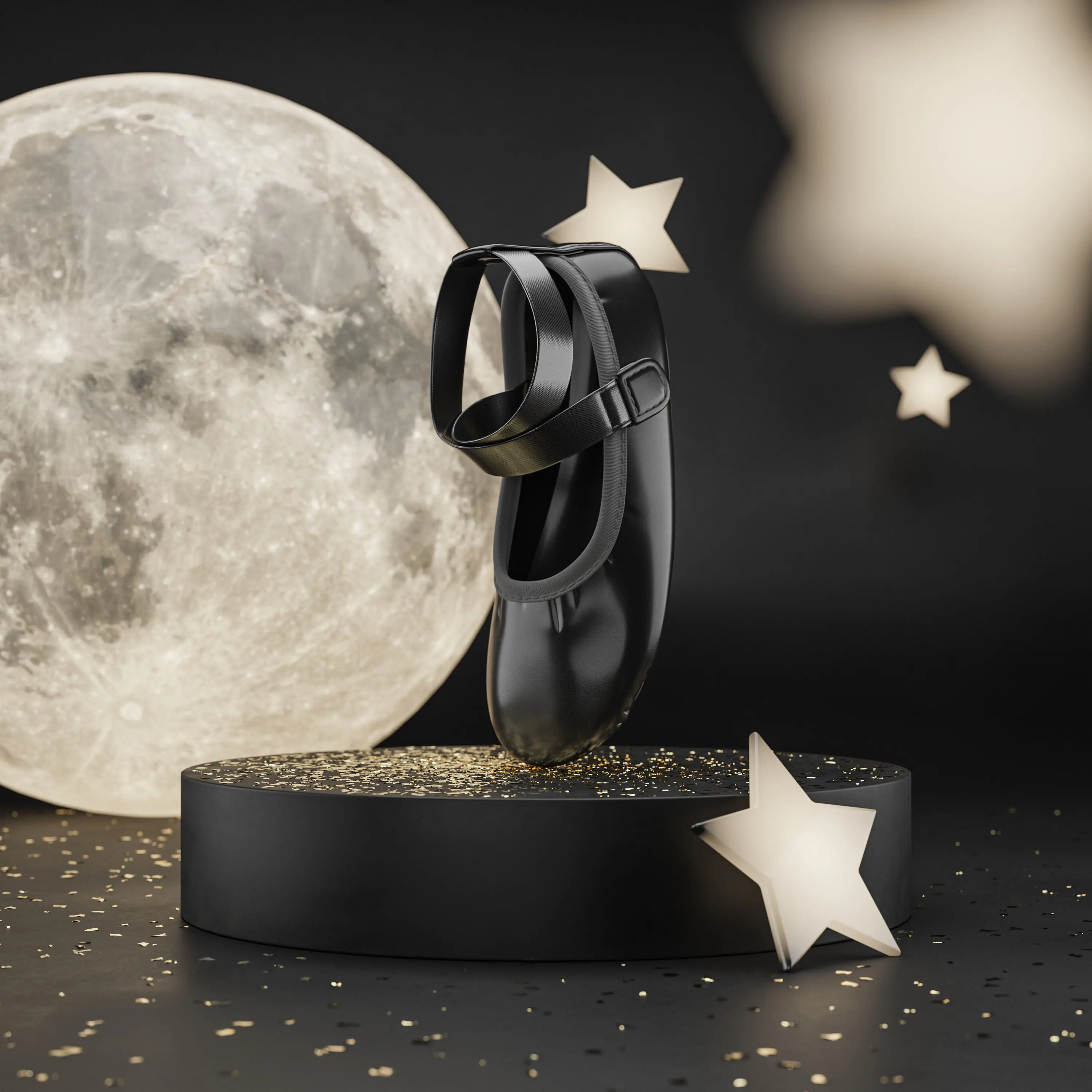 3D product visualization of black ballet flat with ankle strap, set in a moonlit night scene