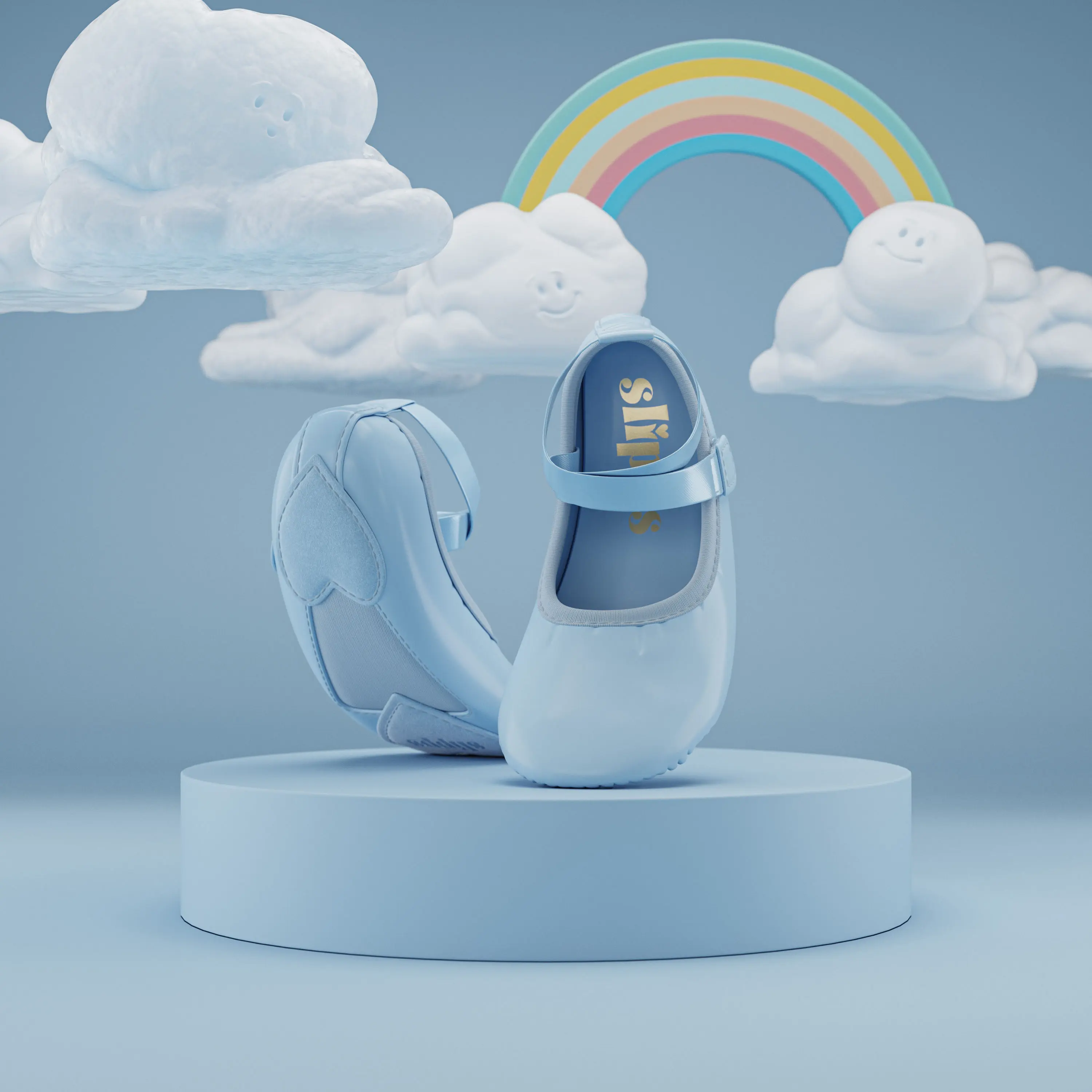 3D rendering of sky blue toddler ballet flats with heart soles, showcased in a dreamy cloud and rainbow scene