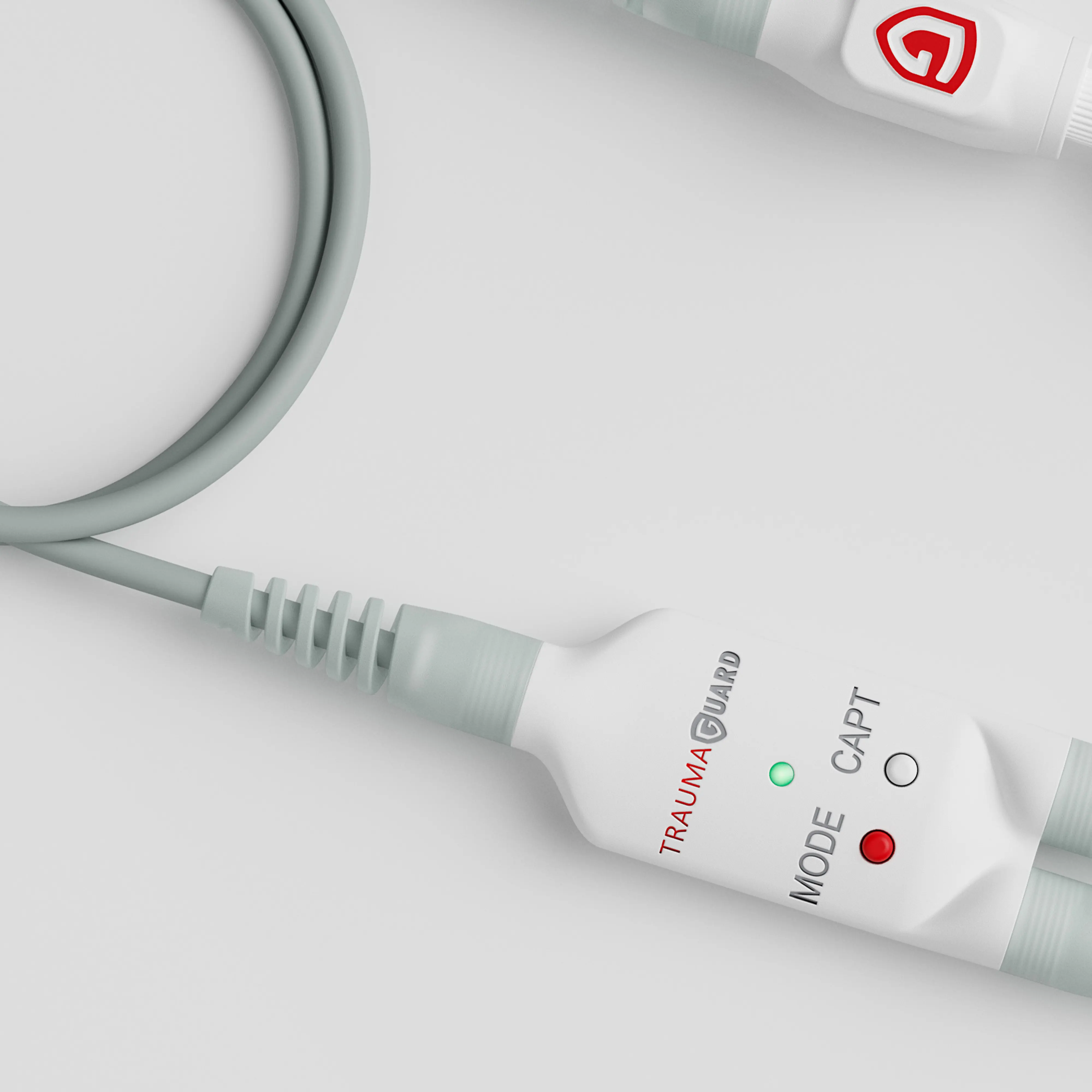 3D product rendering of TraumaGuard medical device cable with illuminated mode indicators