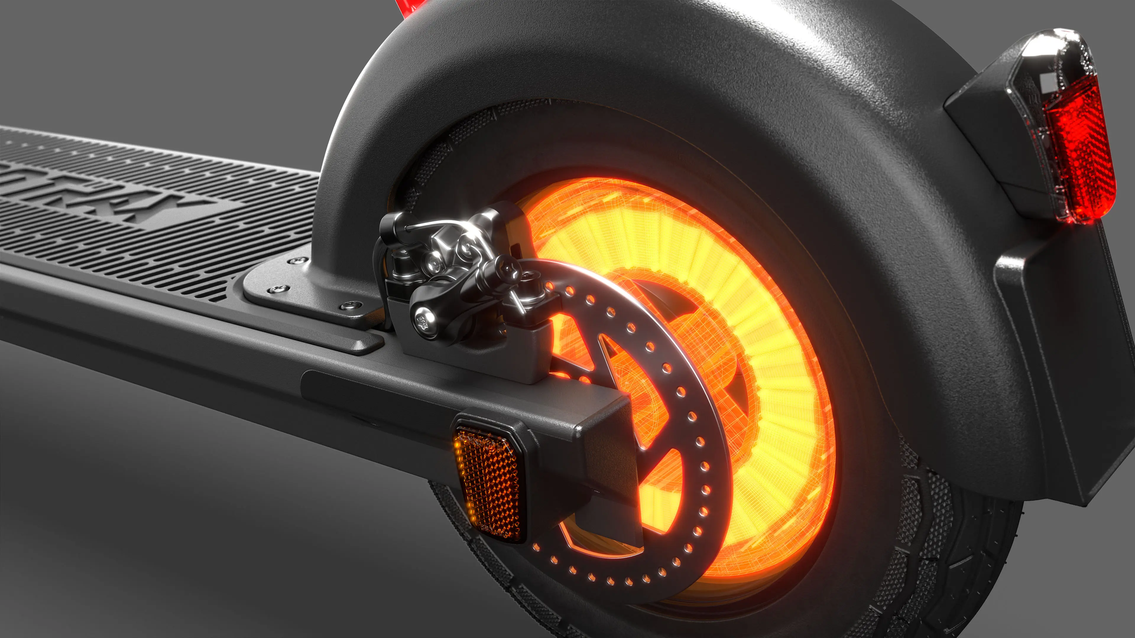 3D product visualization of electric scooter rear wheel with glowing disc brake system